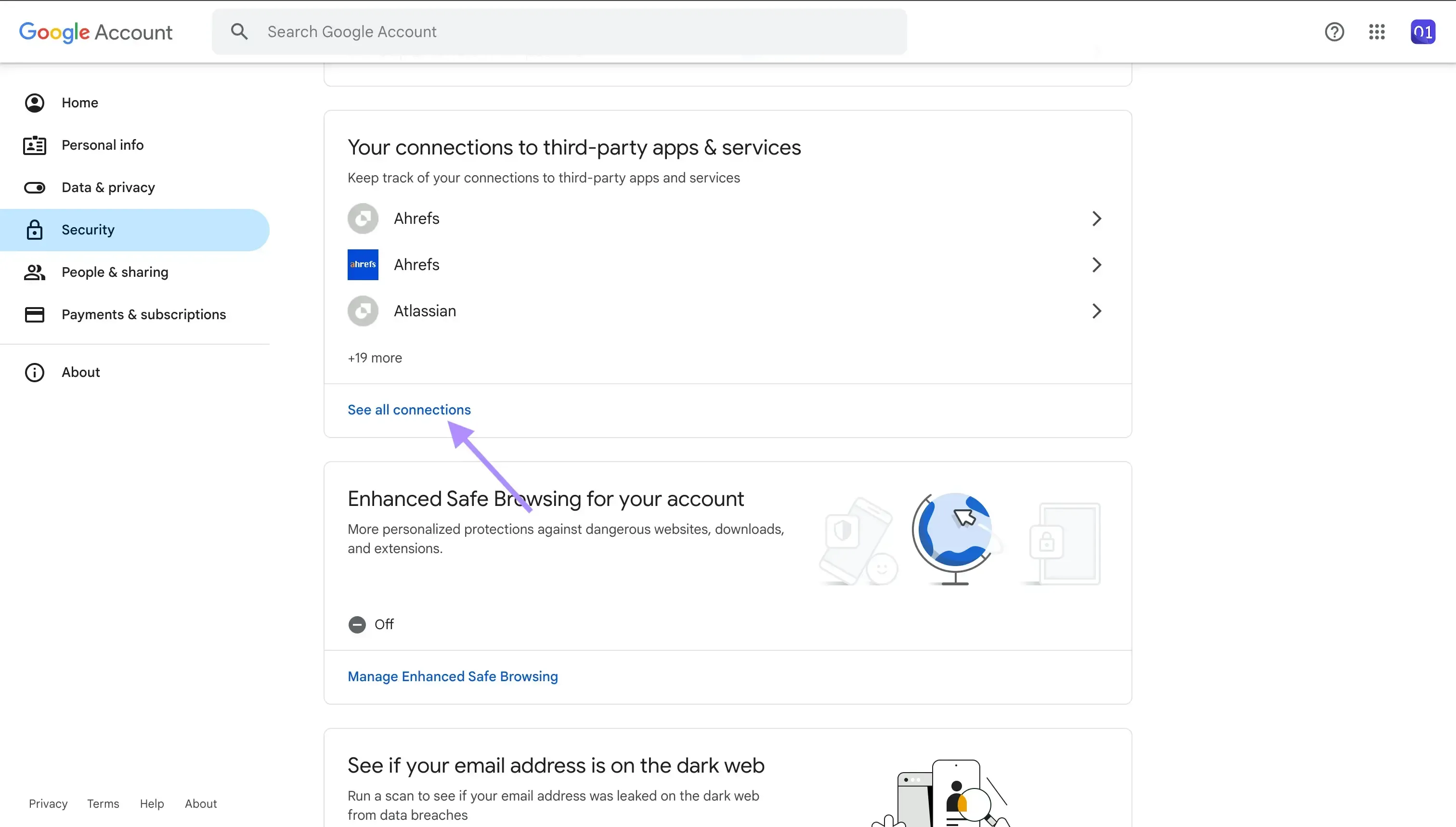 Google Account - Click See all connections Google Account - Click See all connections