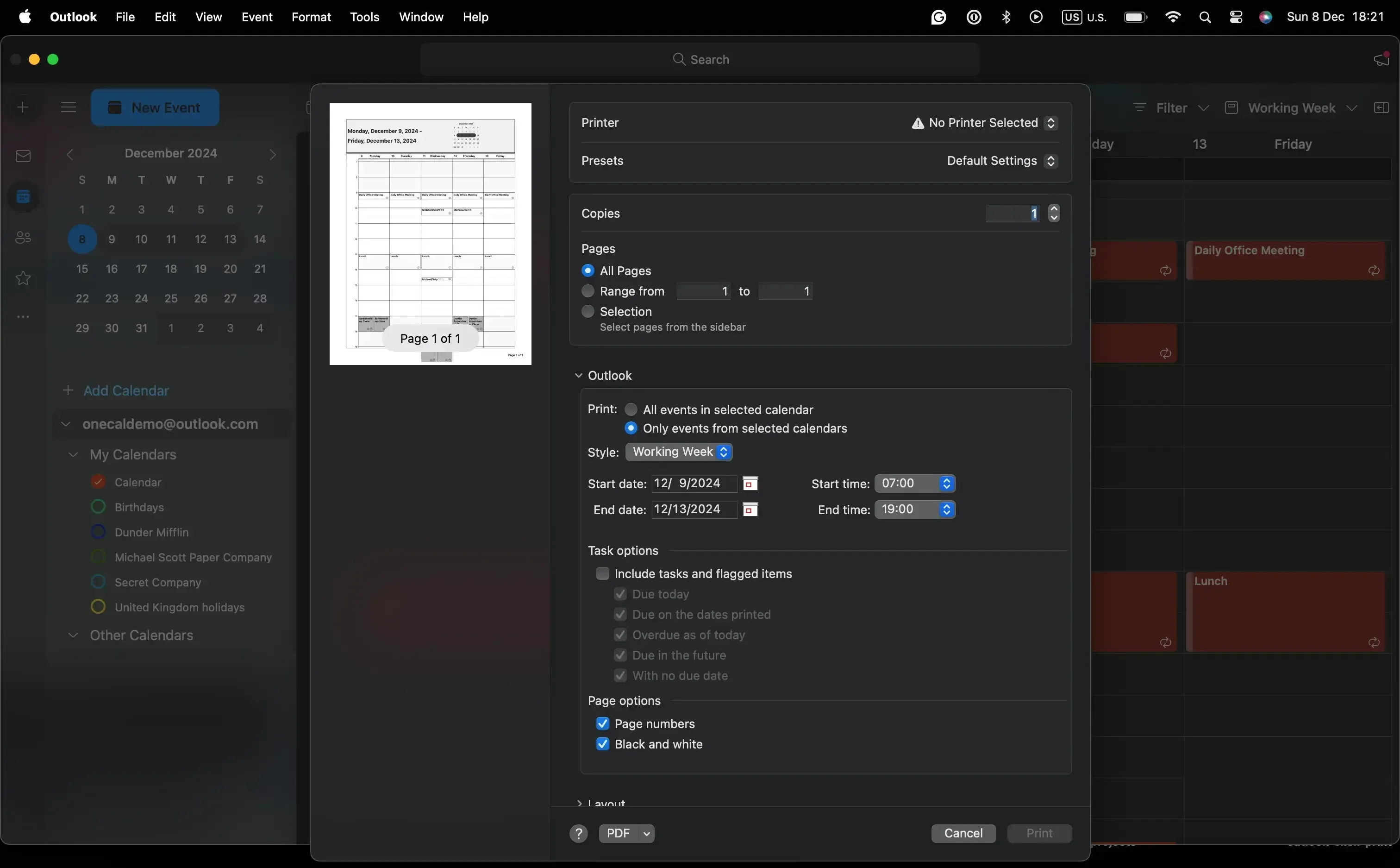 Outlook app - printing options Outlook app - printing options
