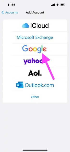 iPhone Settings - Add Google Account