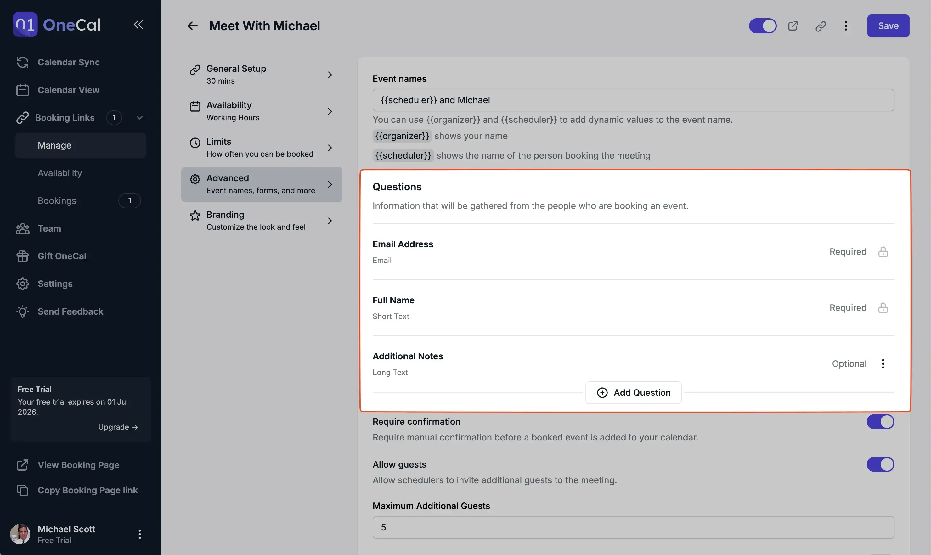 OneCal Custom Questions OneCal Custom Questions