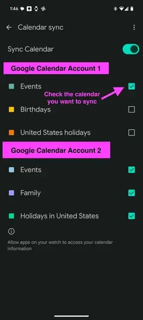 Toggle the Google Calendars you want to sync Toggle the Google Calendars you want to sync