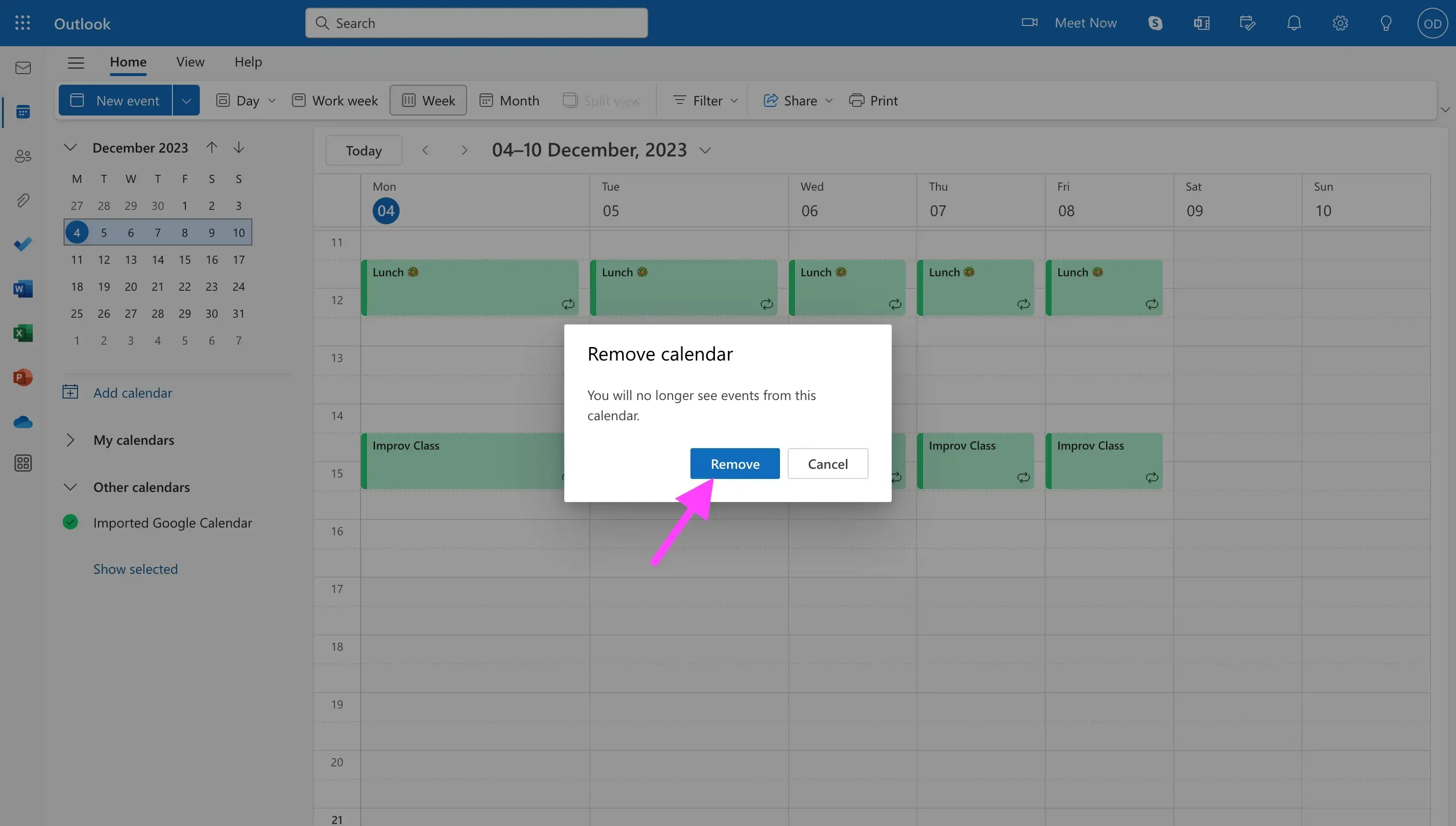 Outlook Calendar - click remove Outlook Calendar - click remove