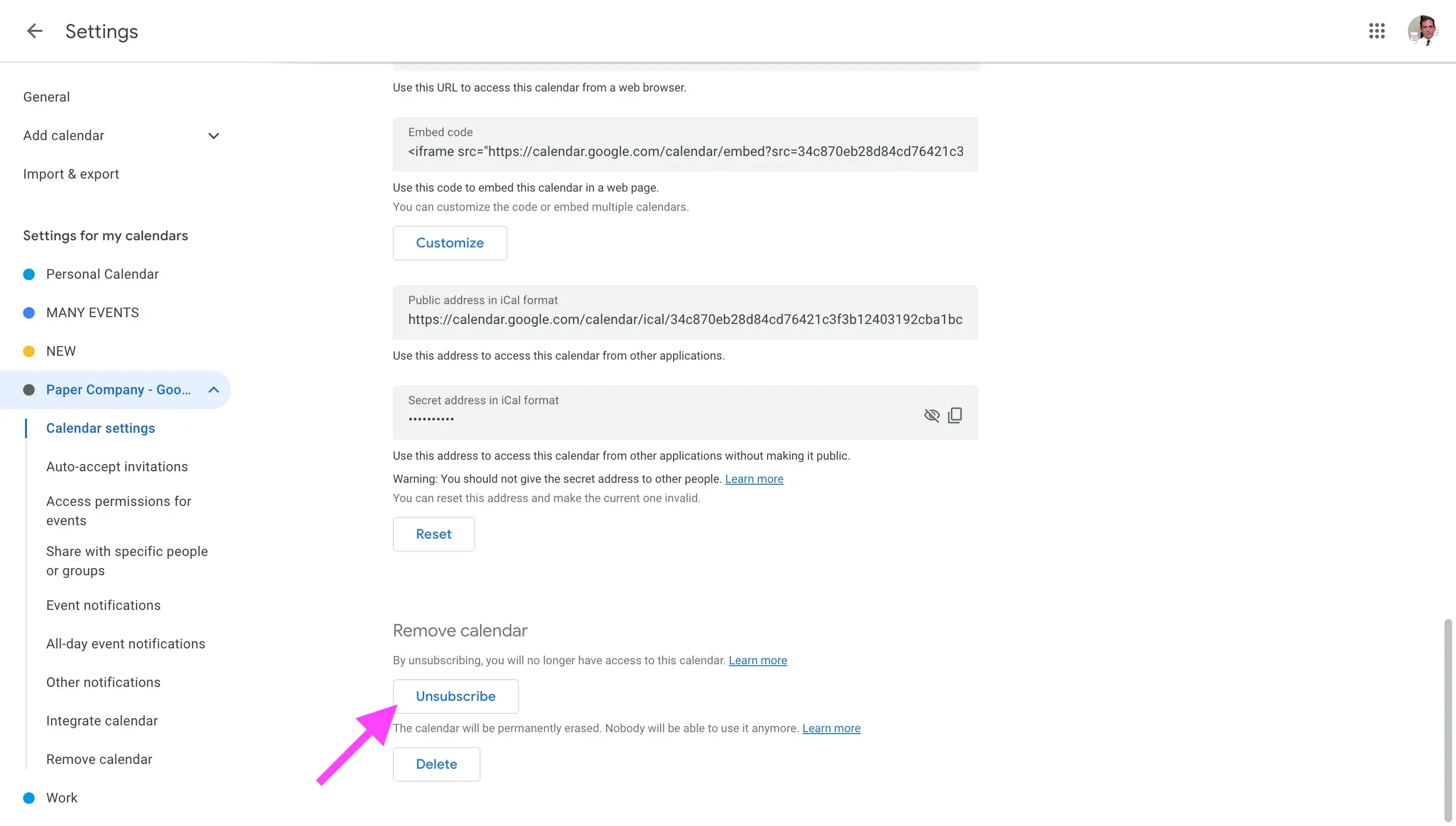 Google Calendar - Click "Unsubscribe"