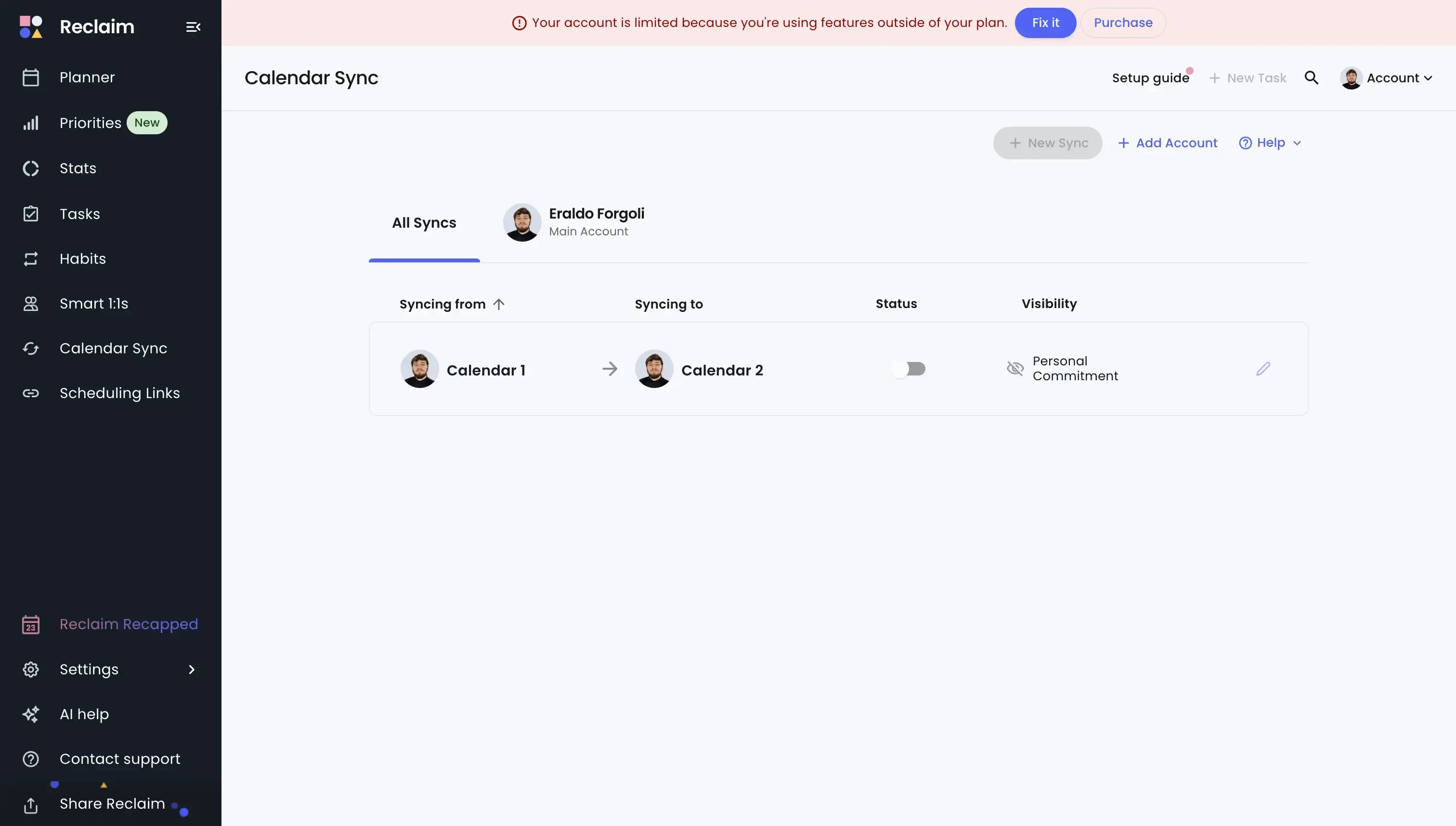 Screenshot of the Reclaim Calendar Sync Screenshot of the Reclaim Calendar Sync