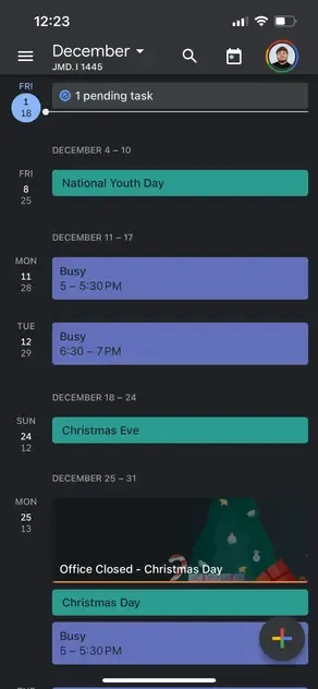 Google Calendar Homepage on iOS