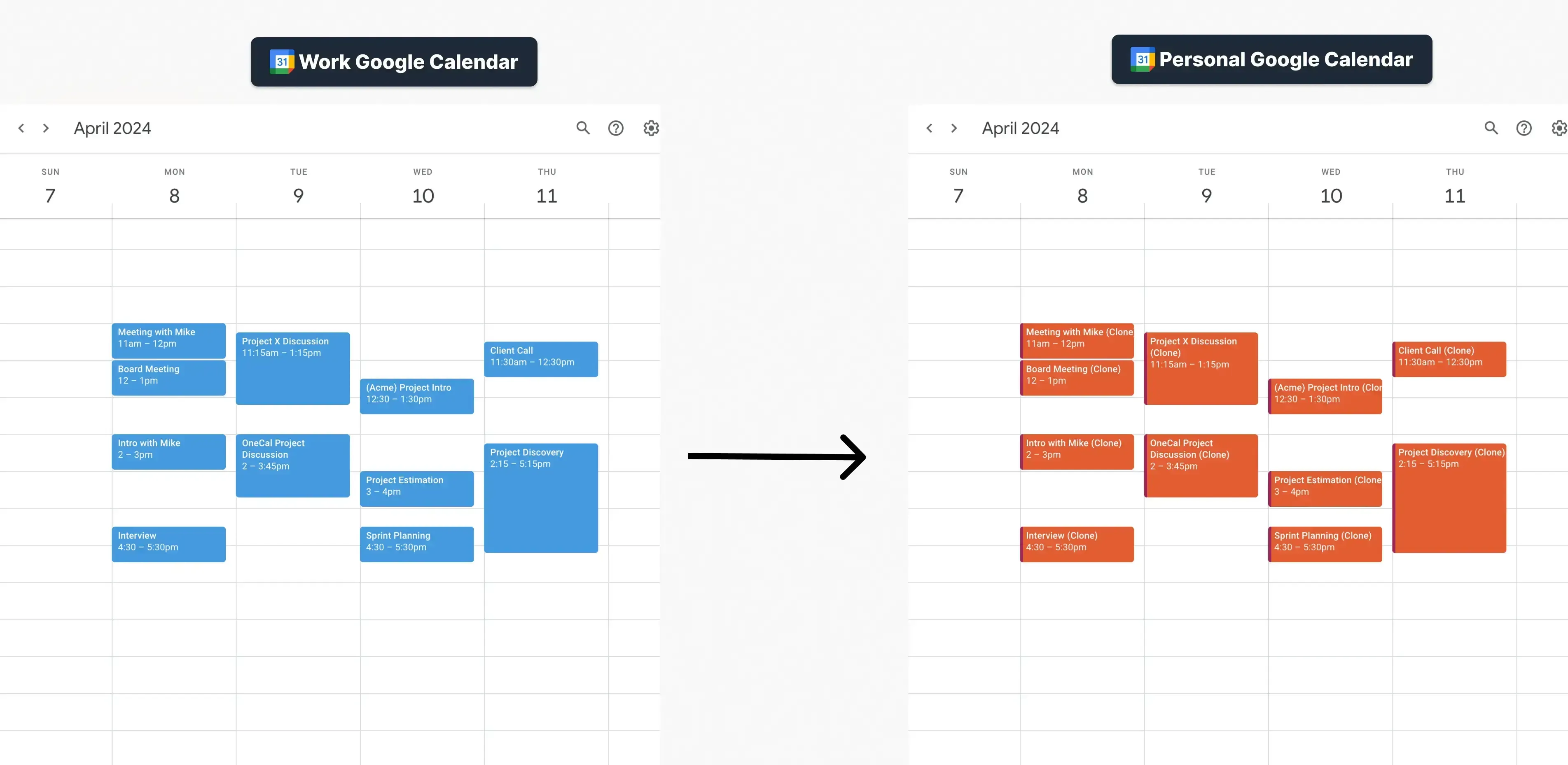 Illustration of a work Google Calendar synced with a personal Google Calendar Illustration of a work Google Calendar synced with a personal Google Calendar
