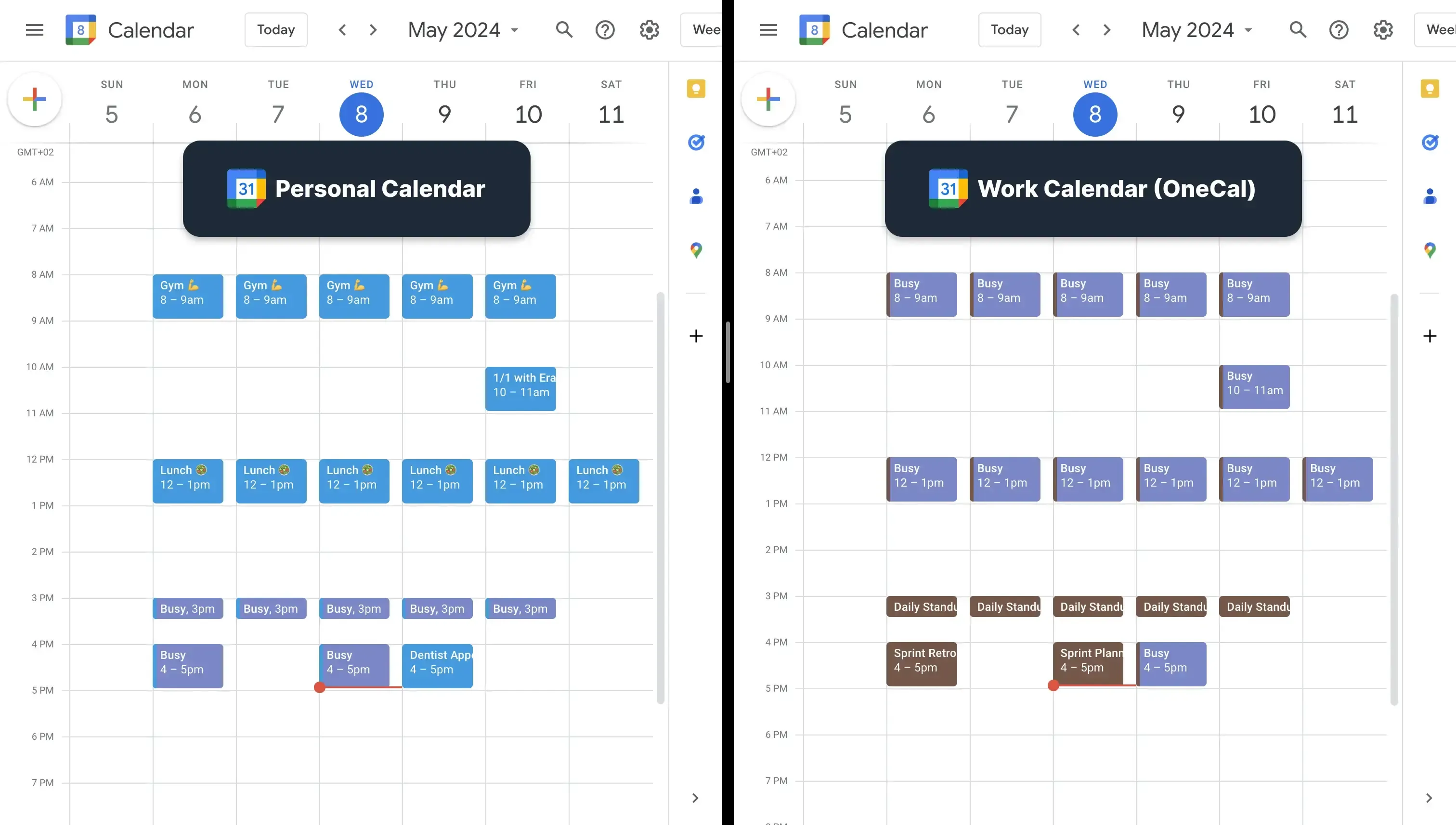 Side By Side Comparison of two merged Google Calendars Side By Side Comparison of two merged Google Calendars