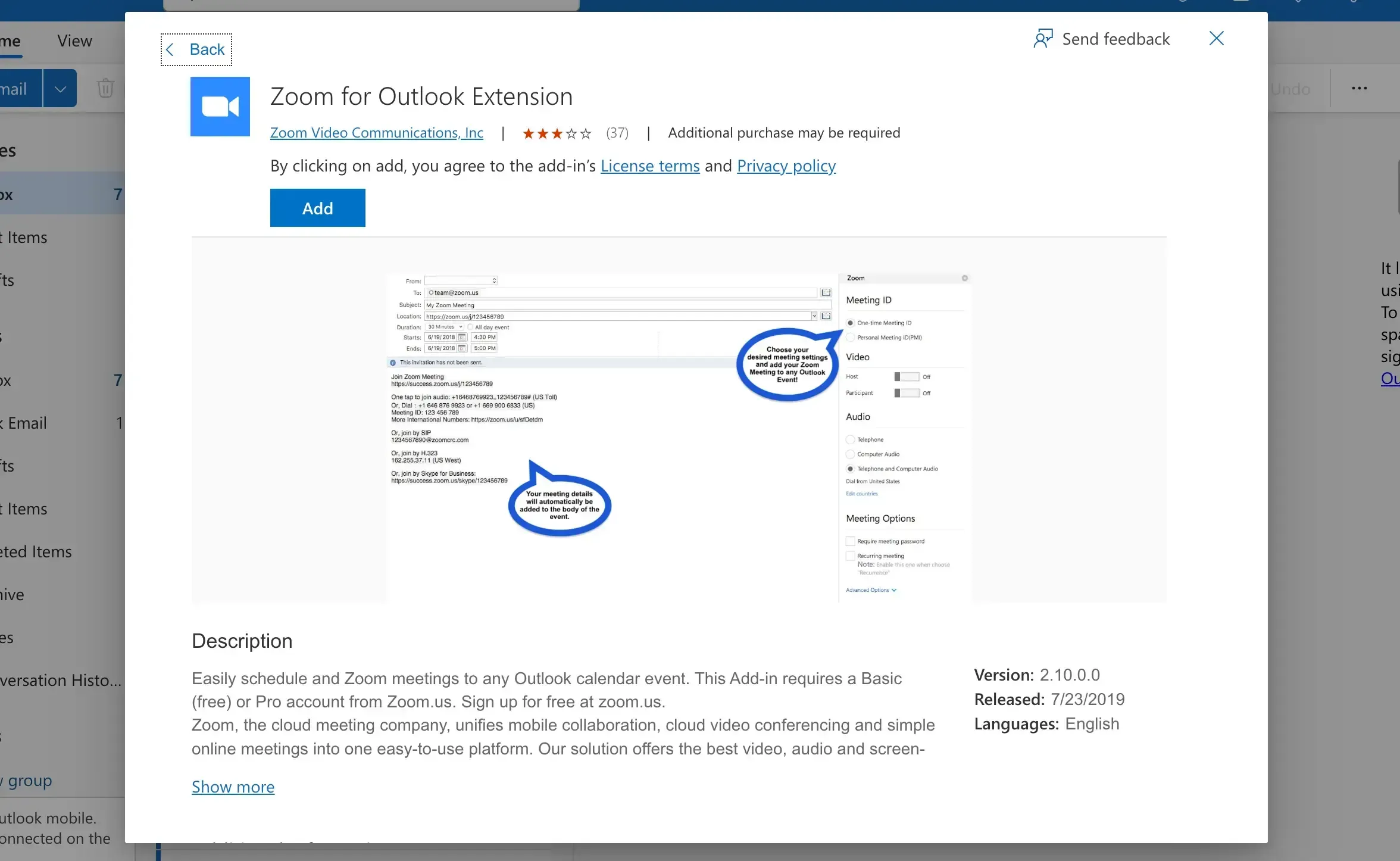 Zoom for Outlook extension Zoom for Outlook extension