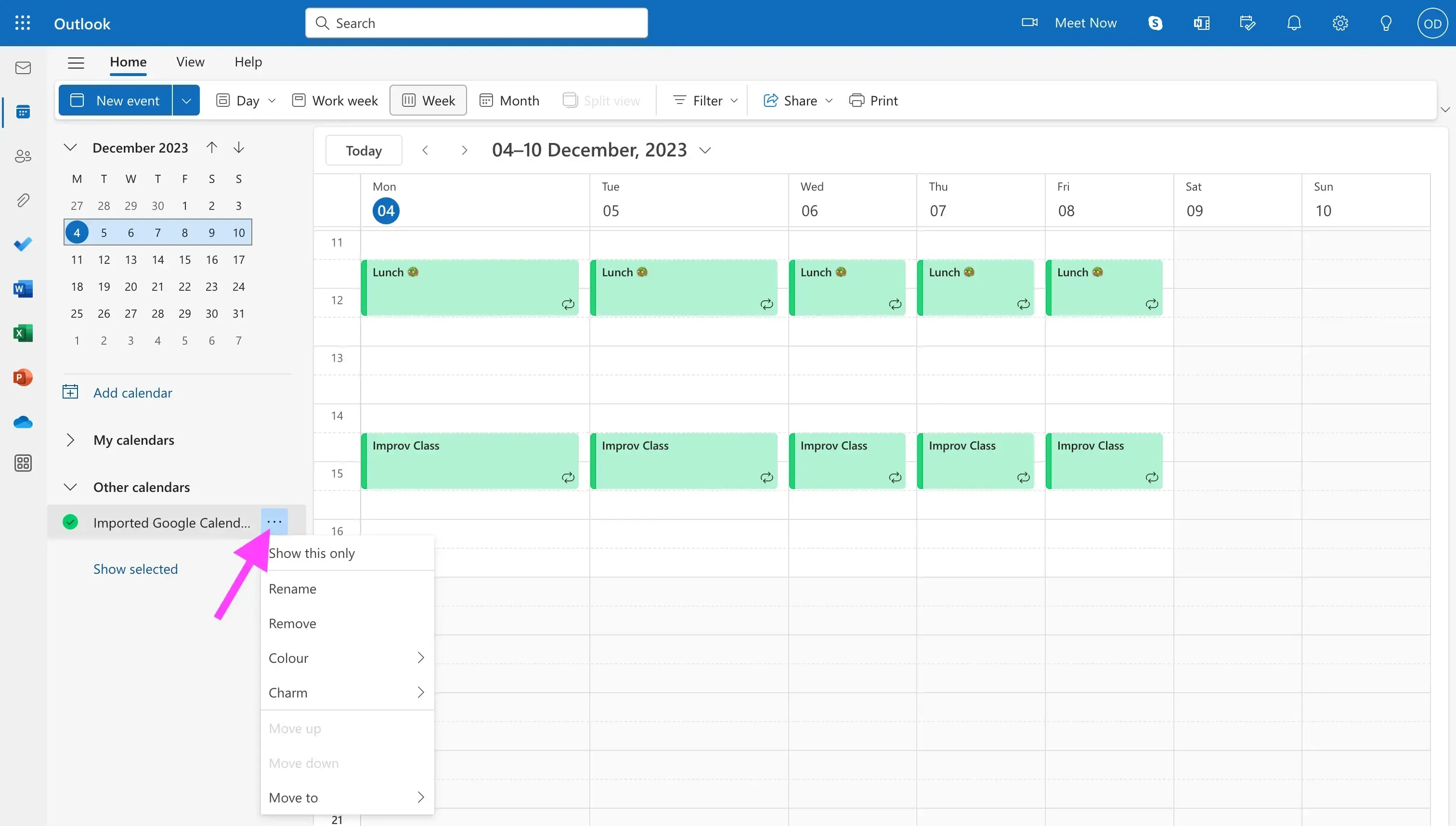 Outlook Calendar - Hover over the Calendar and click the three dots Outlook Calendar - Hover over the Calendar and click the three dots