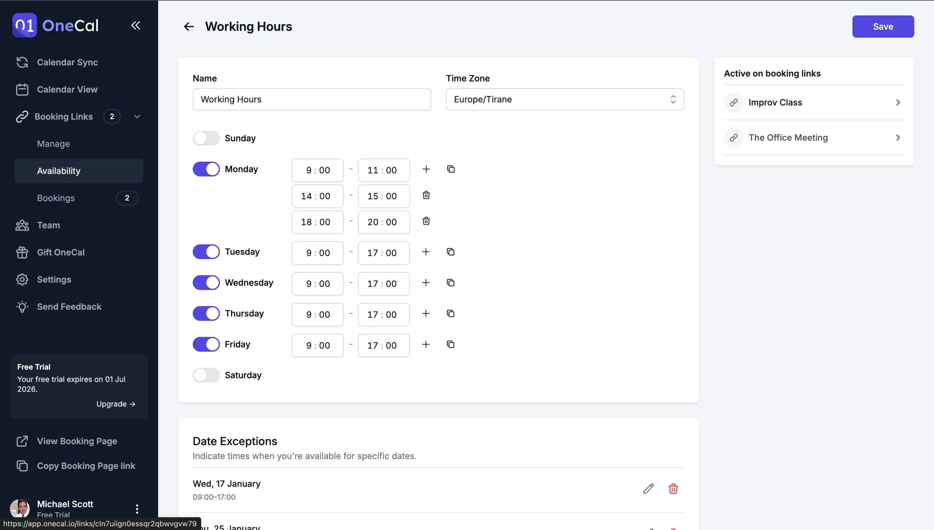 An example of a availability schedule set up in OneCal An example of a availability schedule set up in OneCal