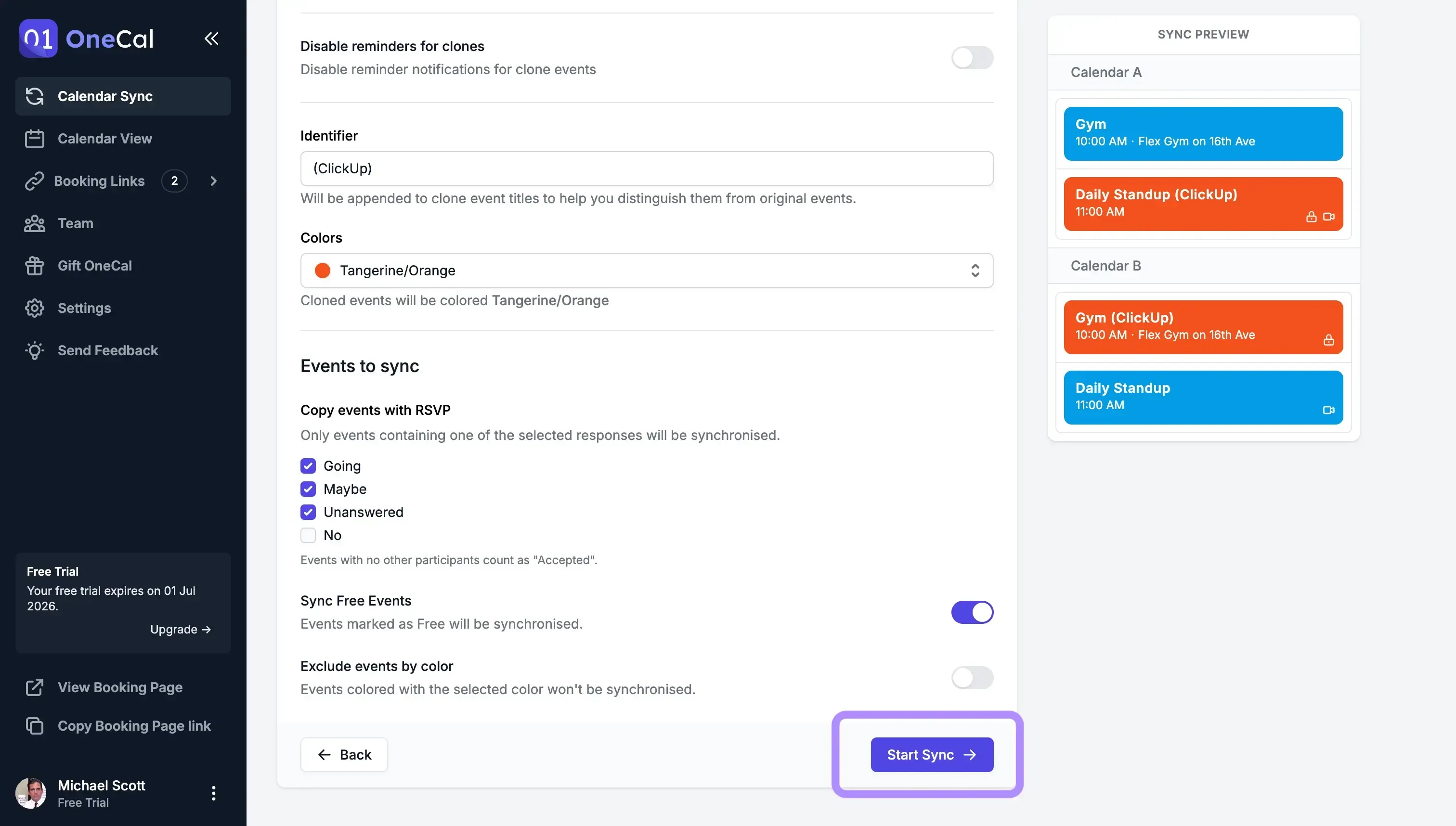 OneCal Start New Sync OneCal Start New Sync
