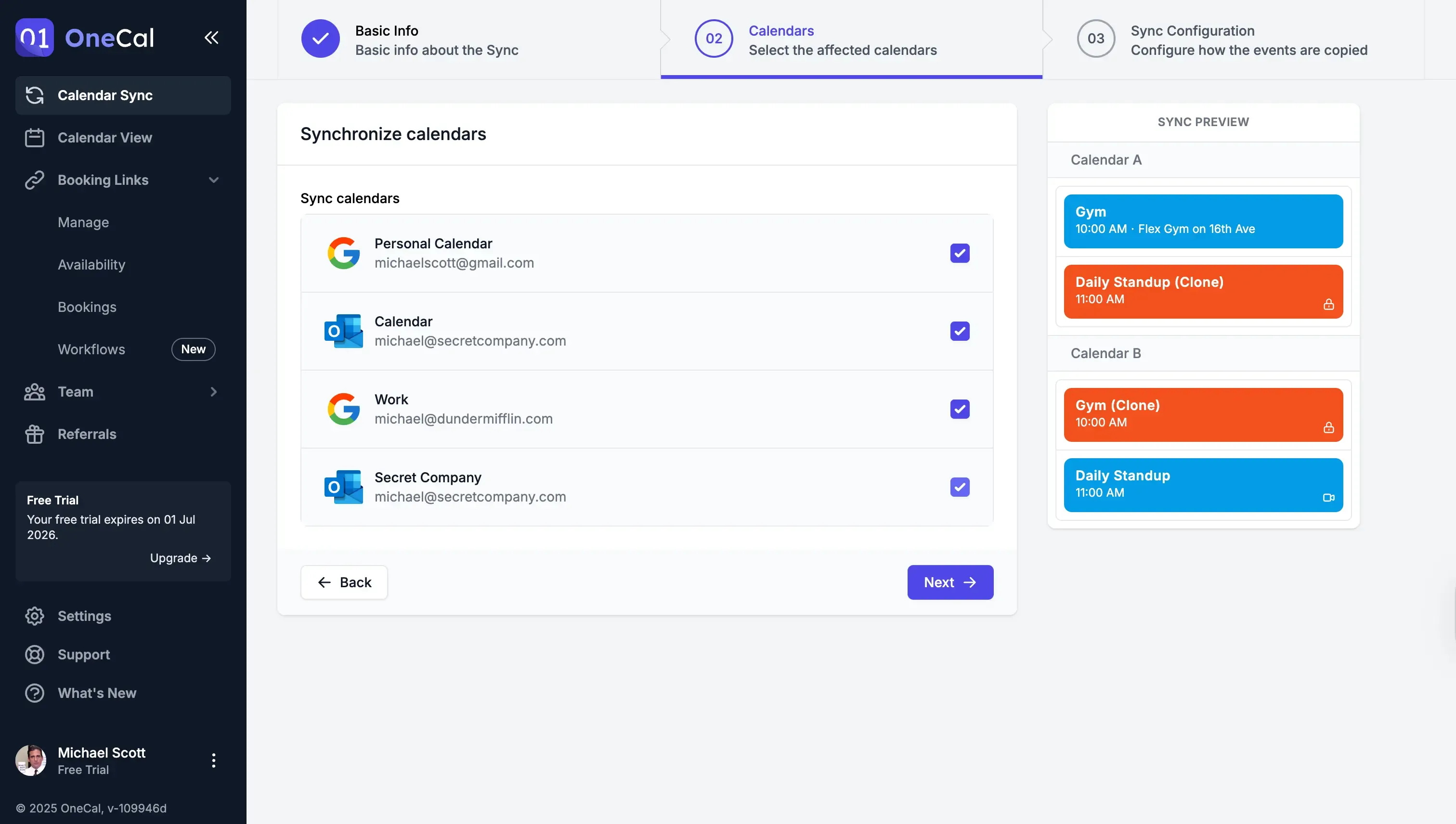 OneCal - Select the calendars to sync