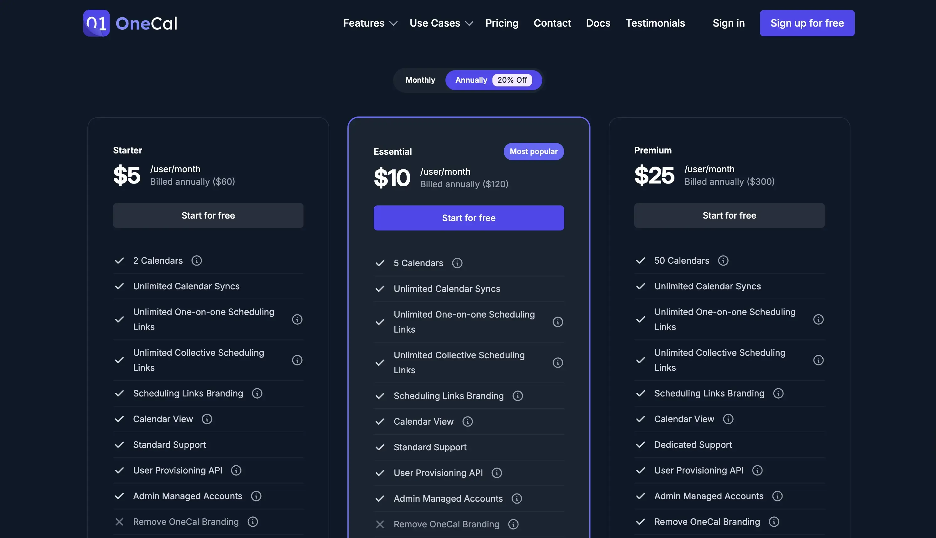 OneCal Pricing Page