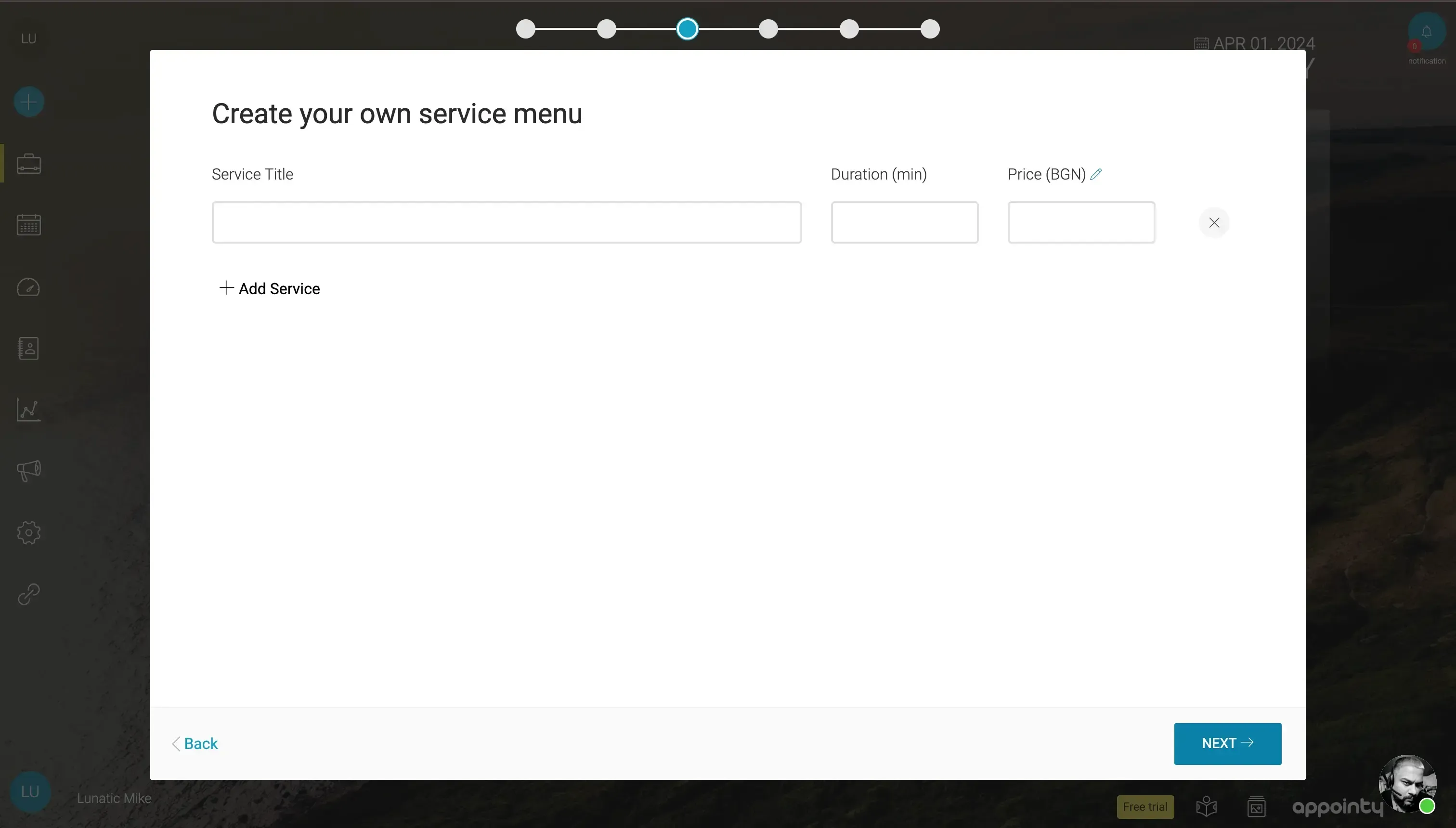 Appointly - Create service menu Appointly - Create service menu