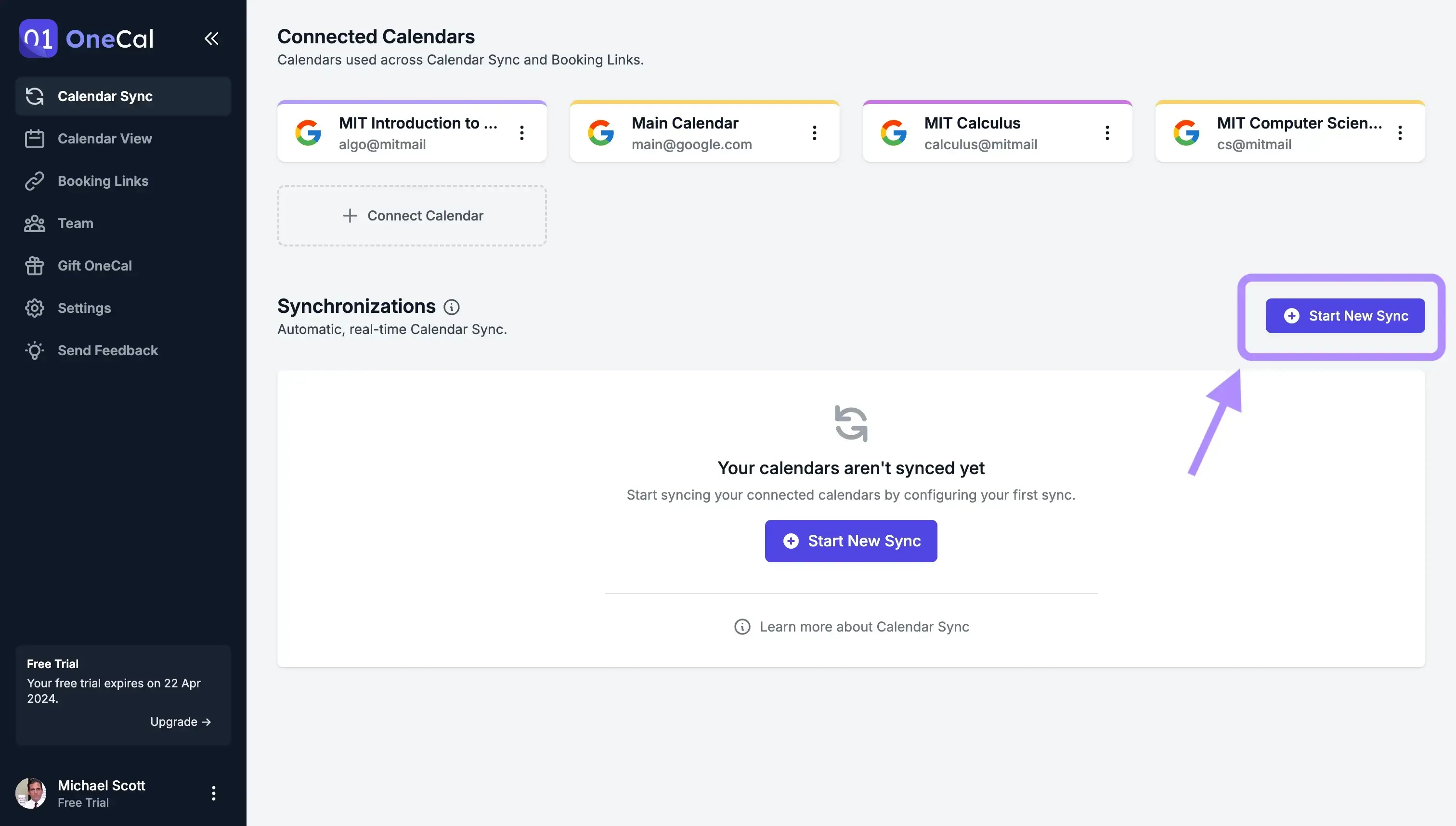 OneCal Dashboard - click "Start New Sync"
