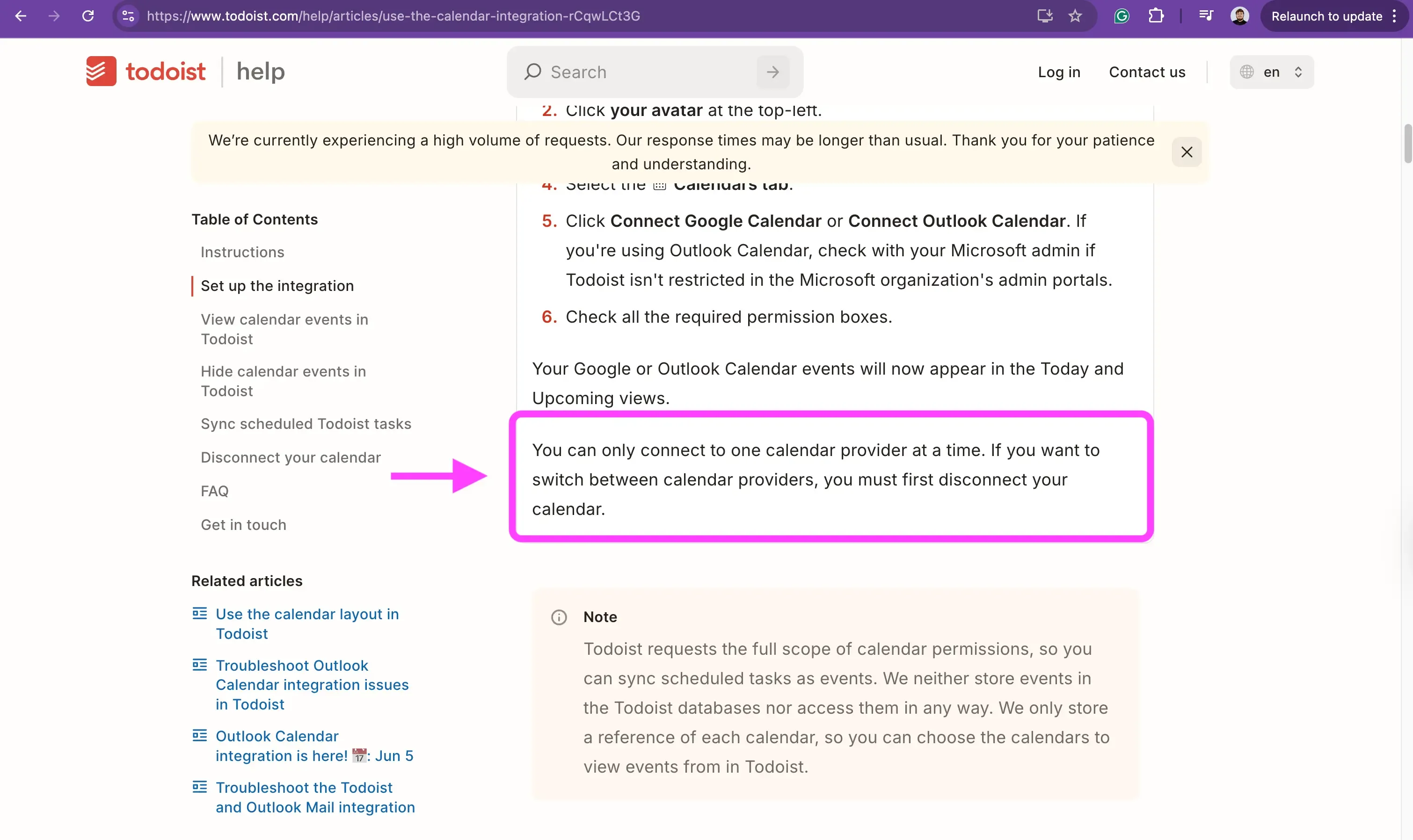 Todoist - You can only connect one calendar at a time
