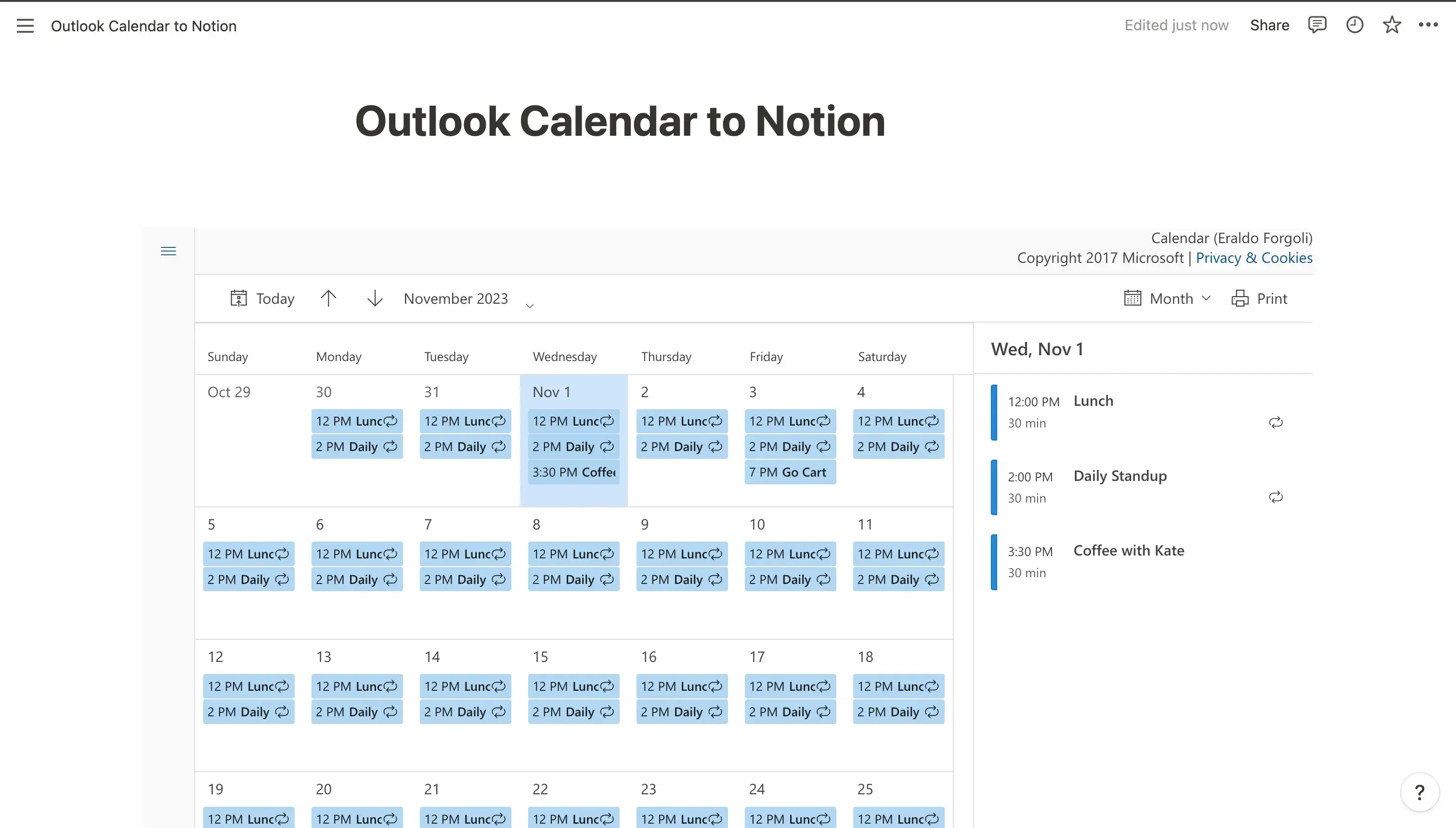 Illustration of an Outlook calendar embeded into Notion Illustration of an Outlook calendar embeded into Notion