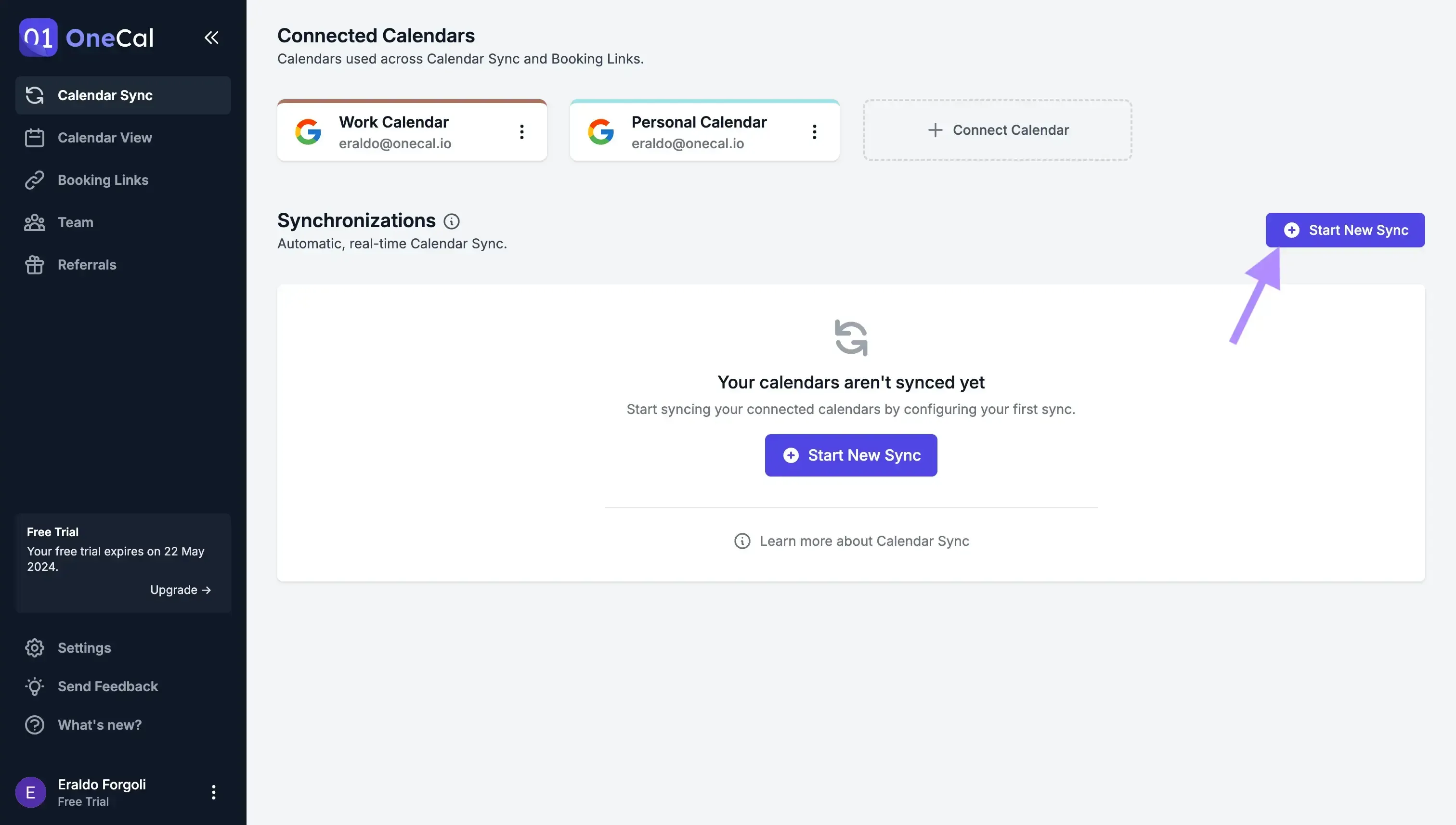 OneCal - Click Start New Sync OneCal - Click Start New Sync