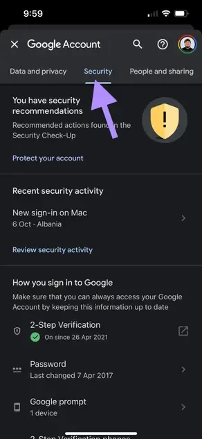 iOS Google app - Security Tab iOS Google app - Security Tab