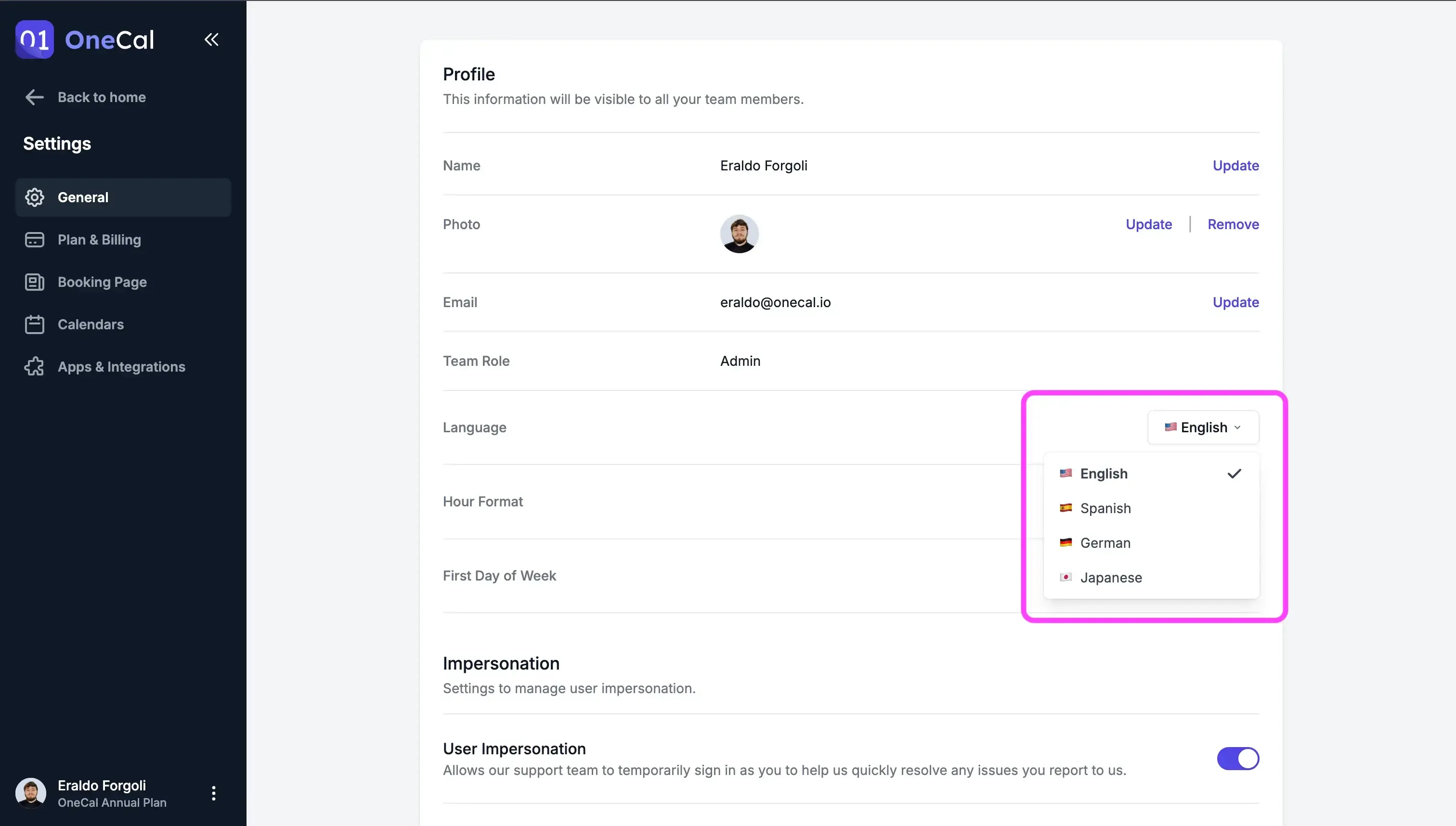 OneCal Change Language OneCal Change Language