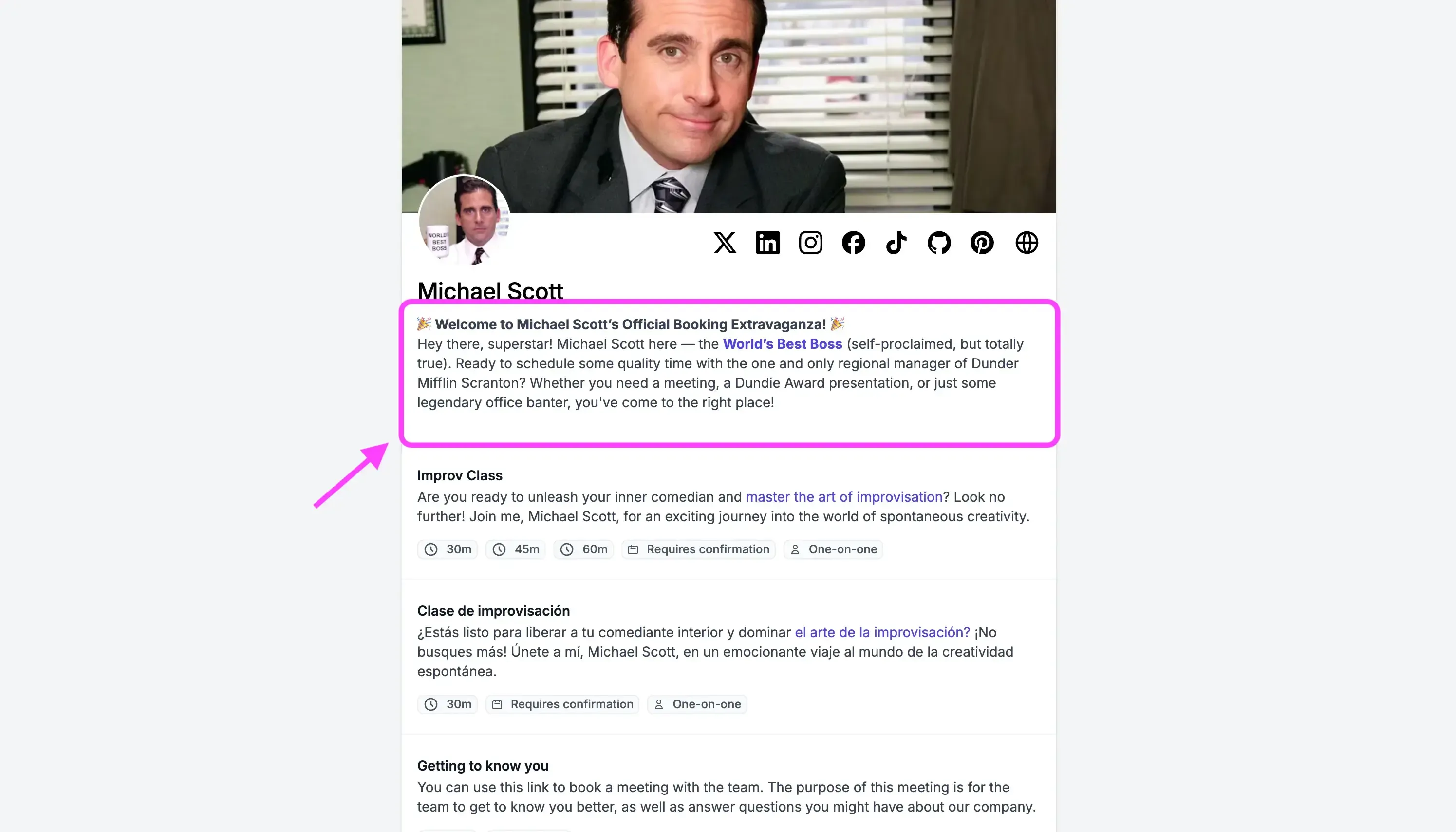 OneCal - Booking Page Description on Booking Page