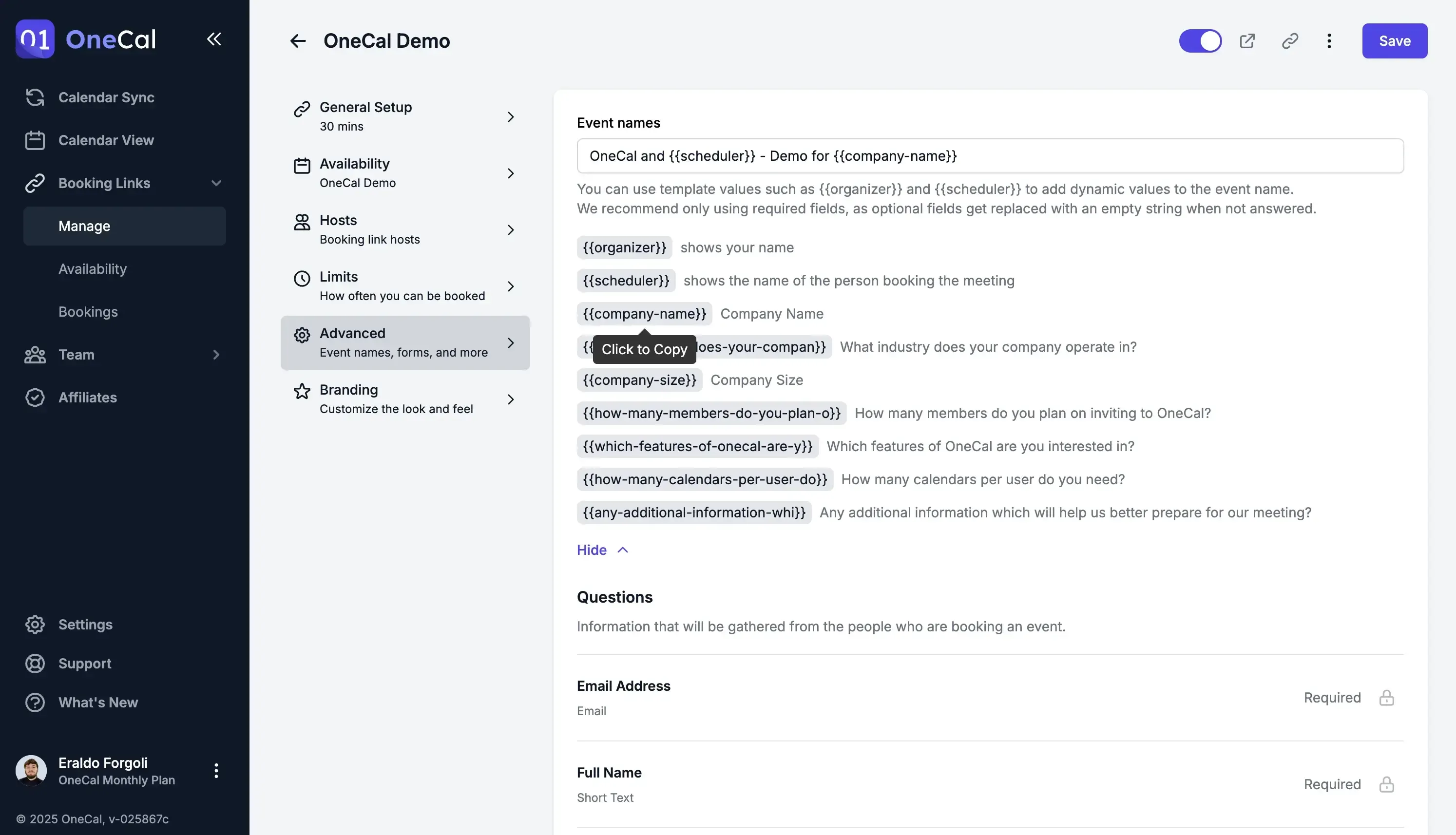 Use custom questions as booking event name variables Use custom questions as booking event name variables