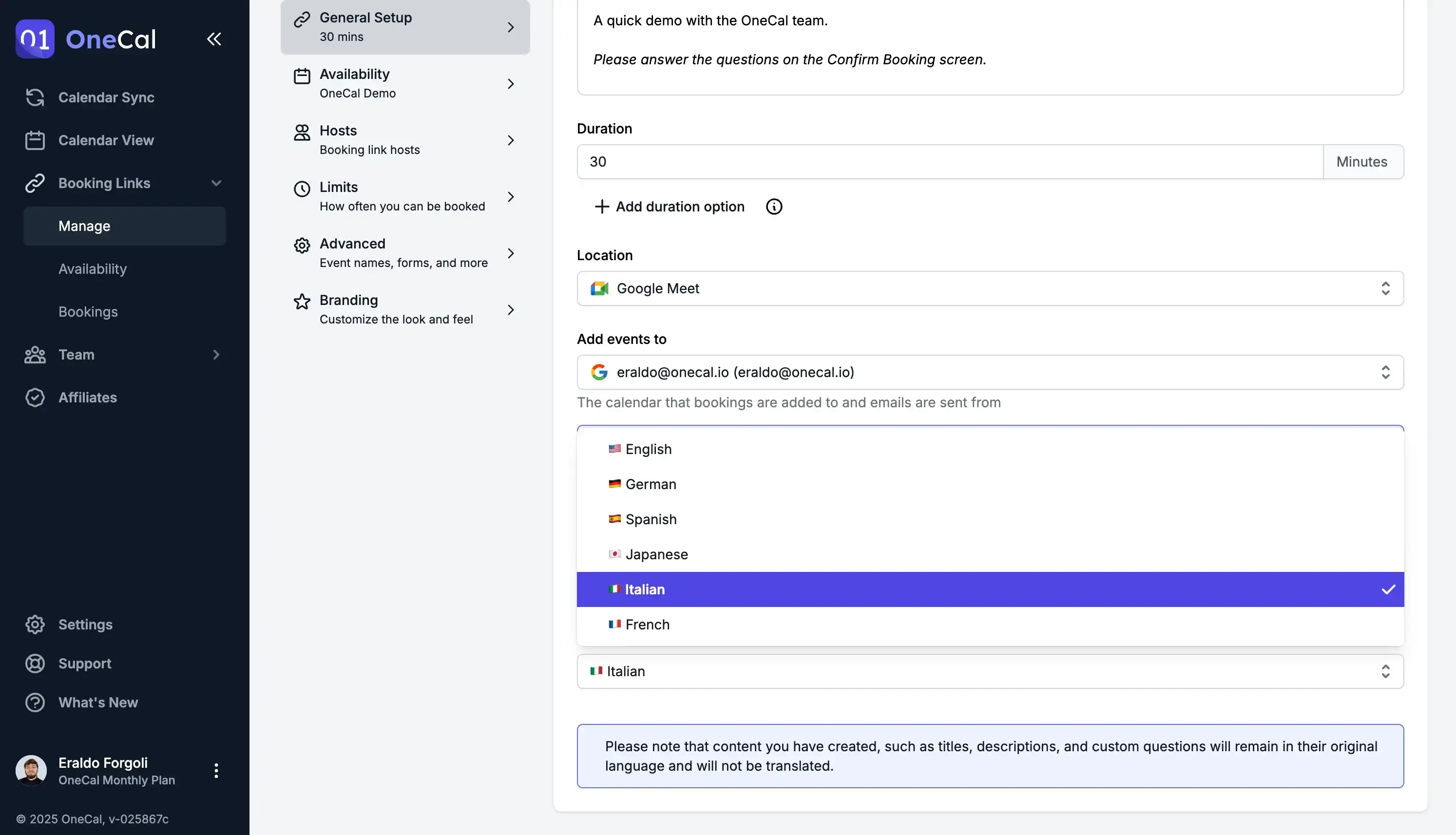 OneCal - Switch Bookign Link Language OneCal - Switch Bookign Link Language