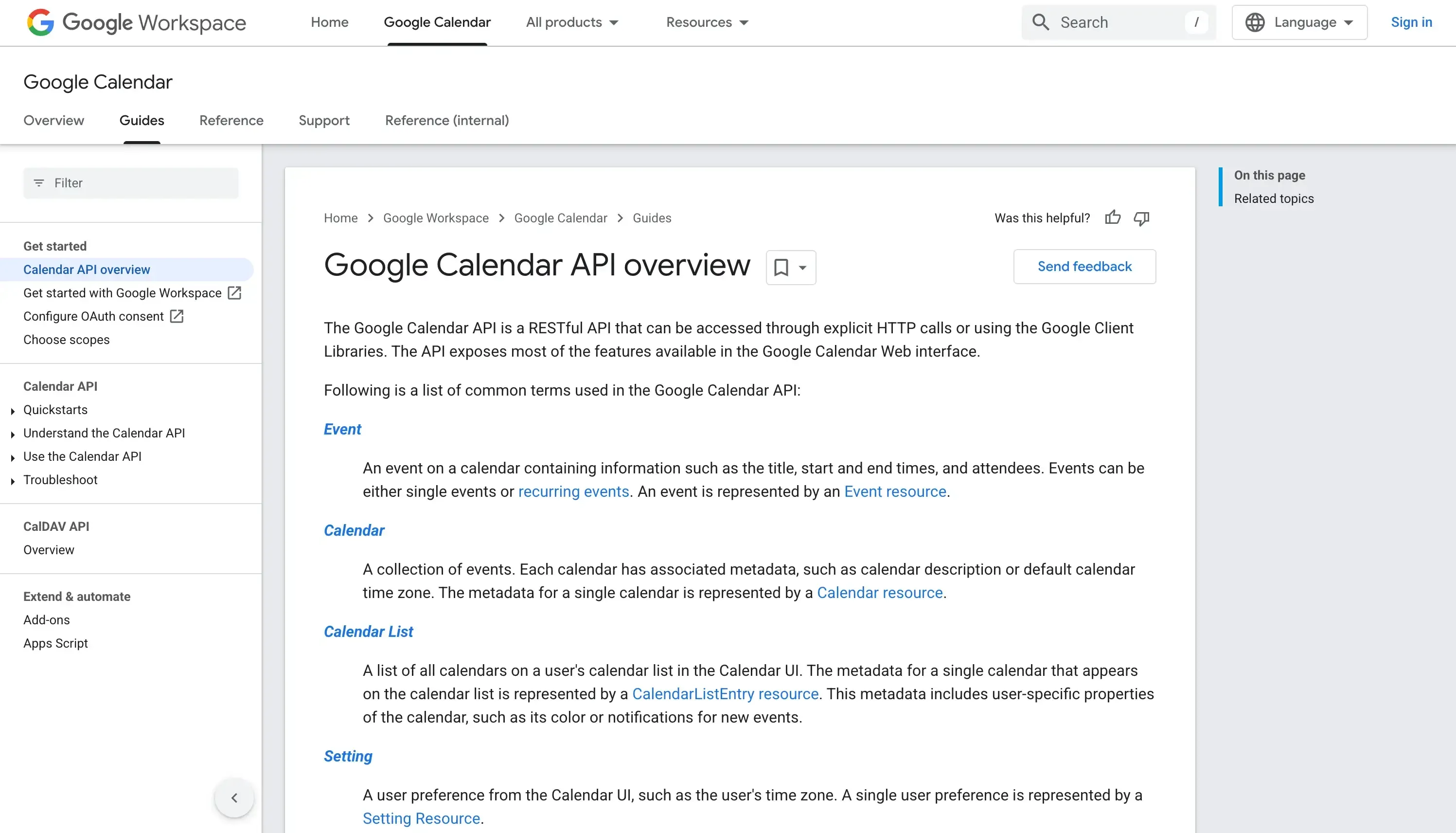 Google Calendar API Page