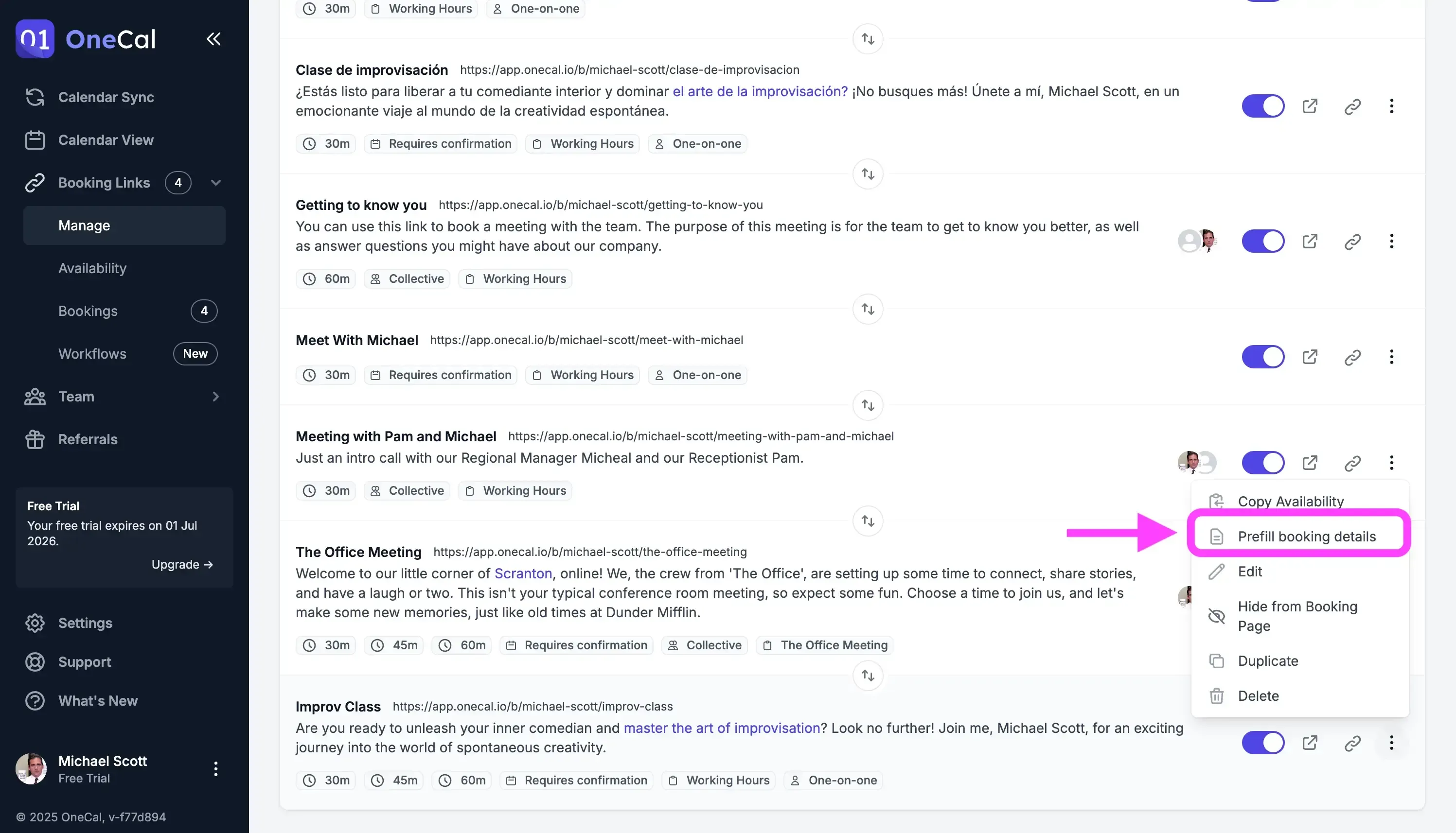 Prefill booking details menu Prefill booking details menu