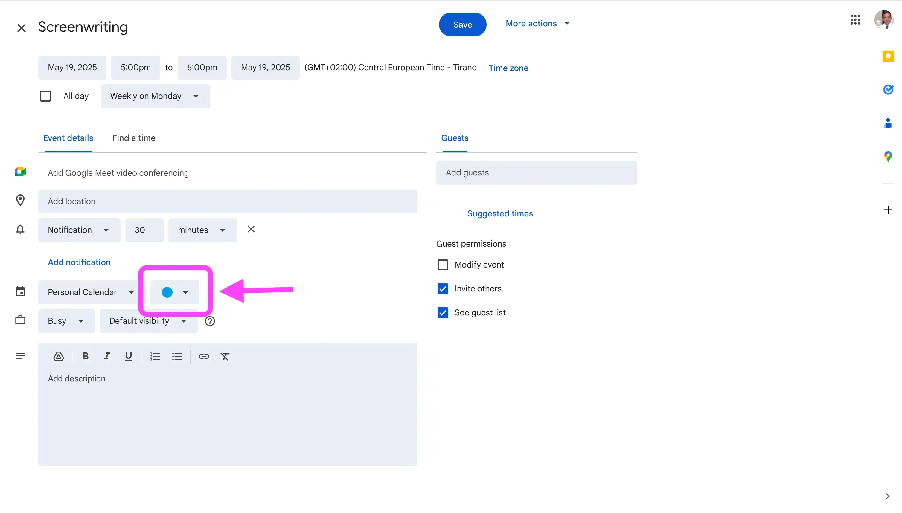 Edit event - find color section Edit event - find color section