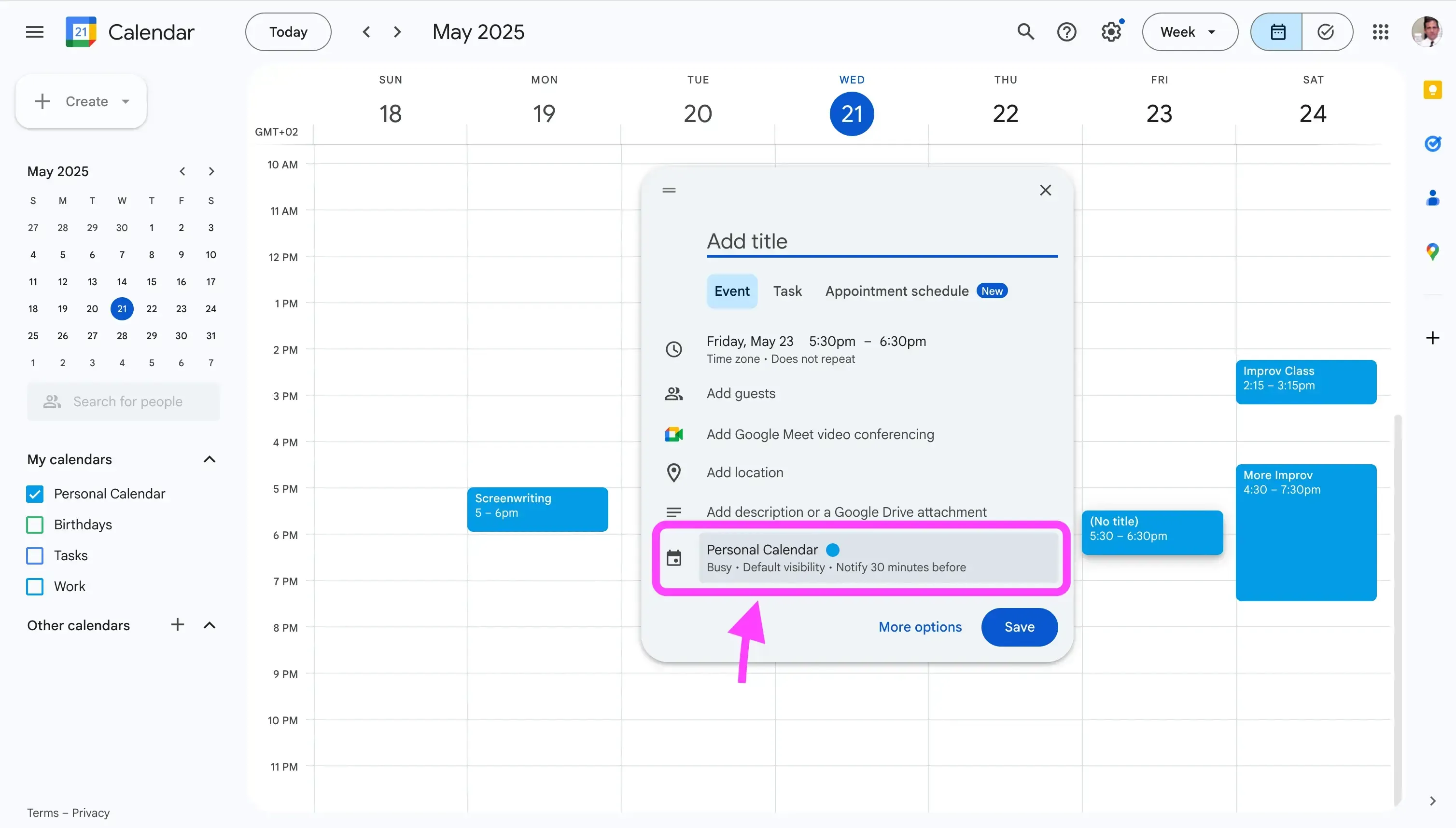 Create event - select calendar Create event - select calendar