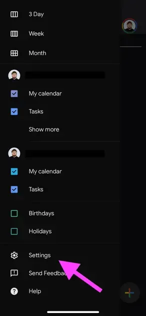 Google Calendar iOS - click Settings Google Calendar iOS - click Settings