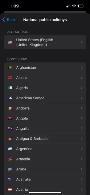 Google Calendar iOS. - Choose holidays Google Calendar iOS. - Choose holidays
