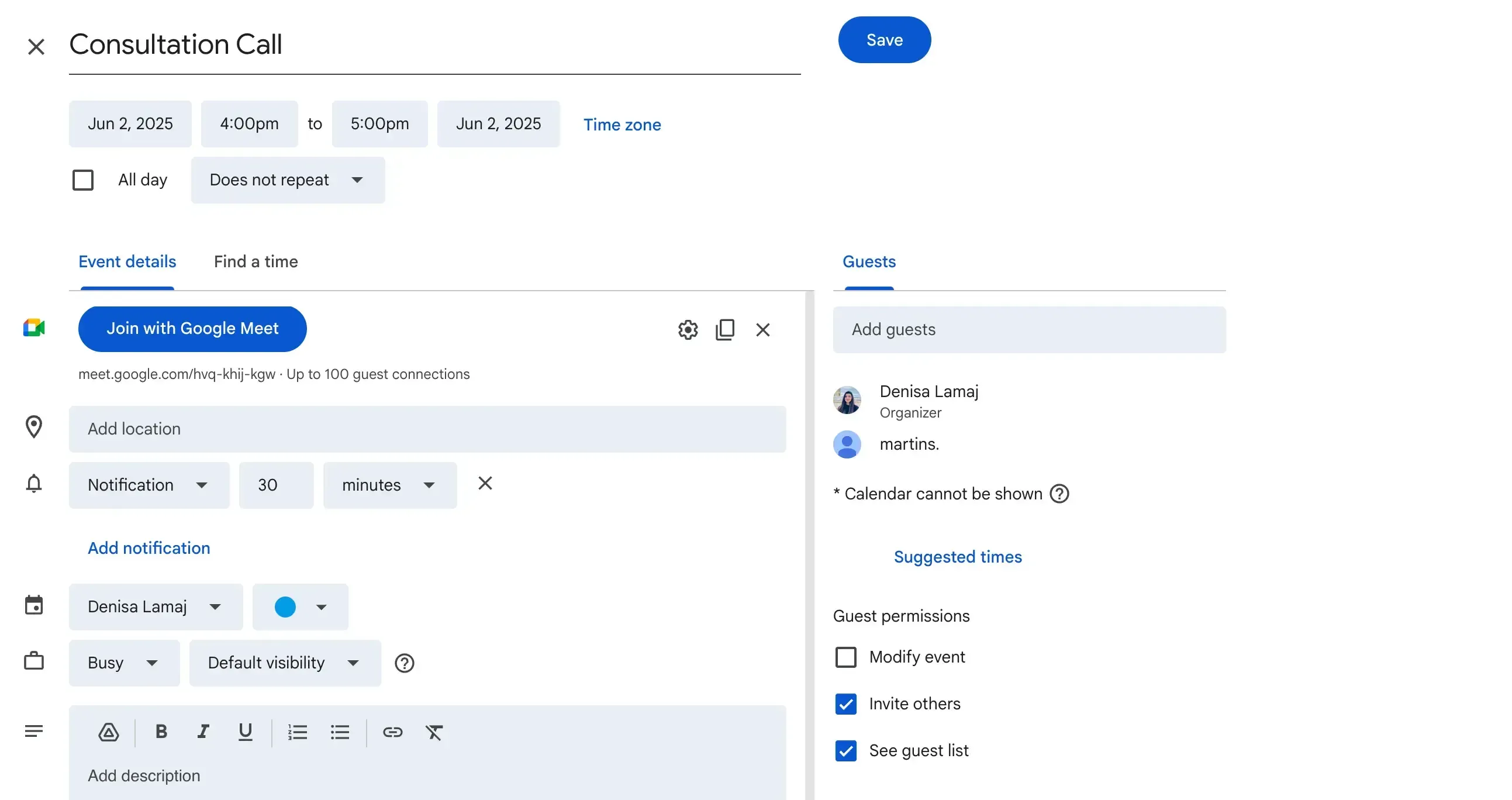 Create event Consultation call google calendar Create event Consultation call google calendar