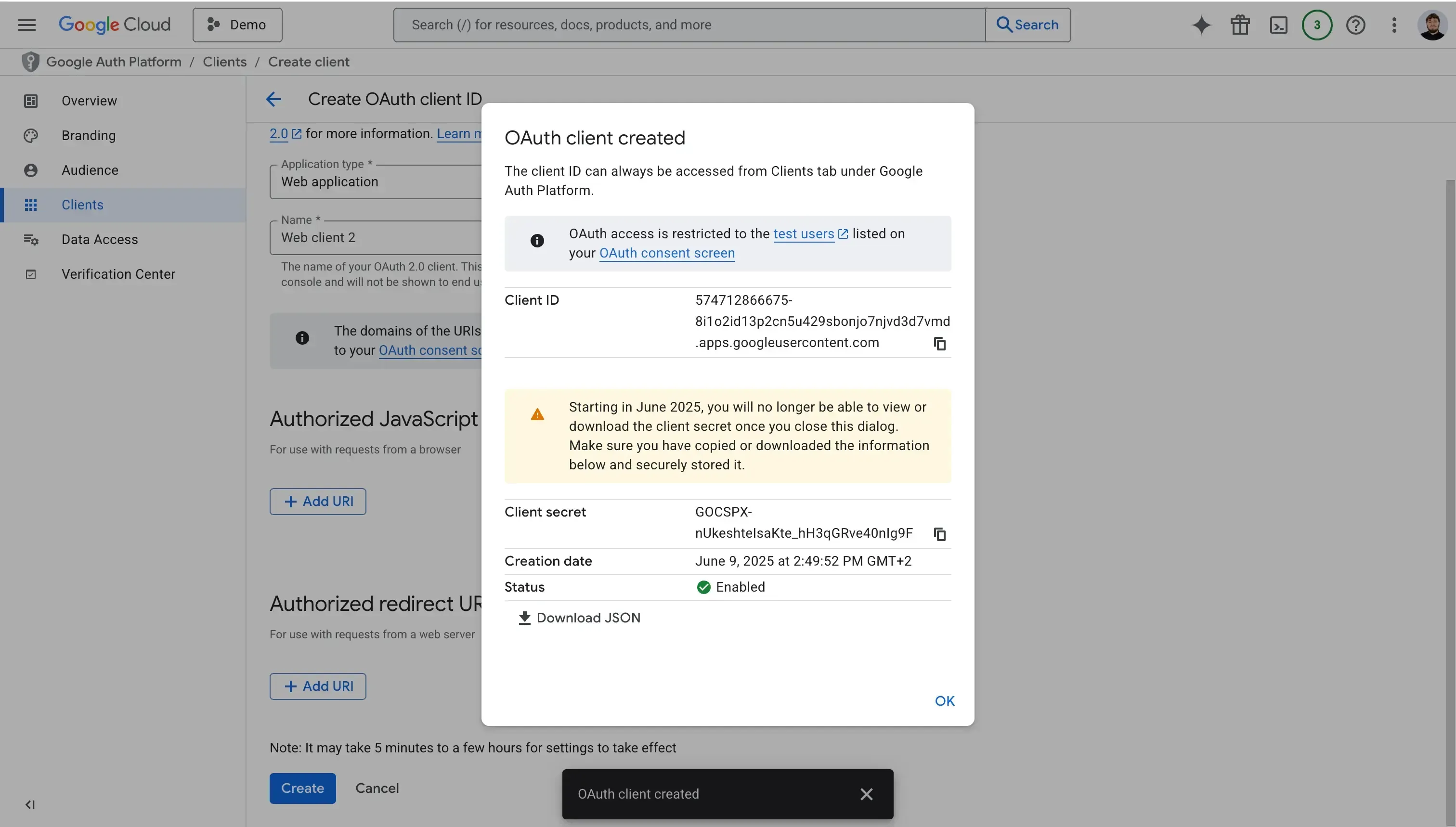 OAuth Client Created - Modal