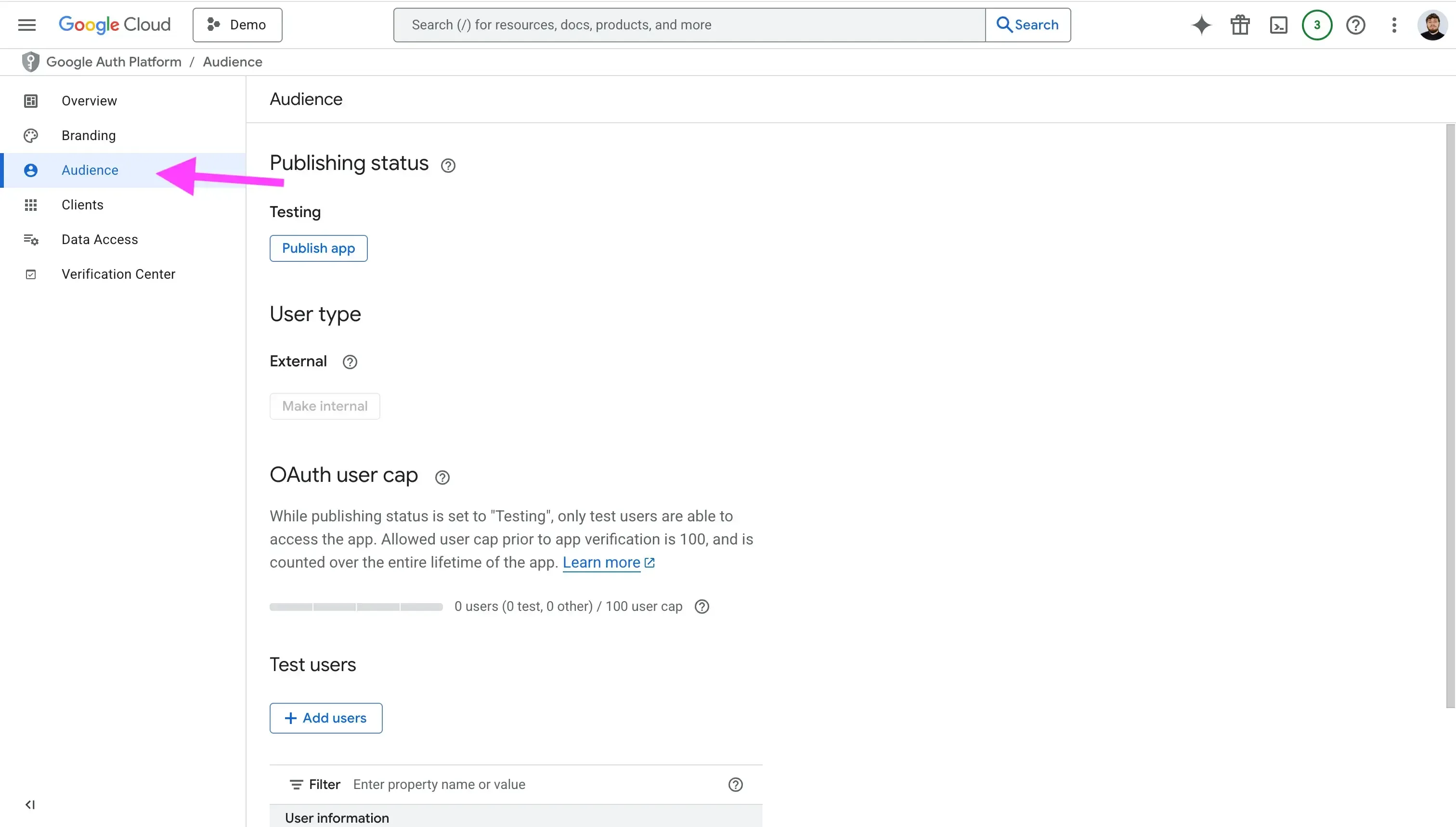 Google Cloud - Audience Tab