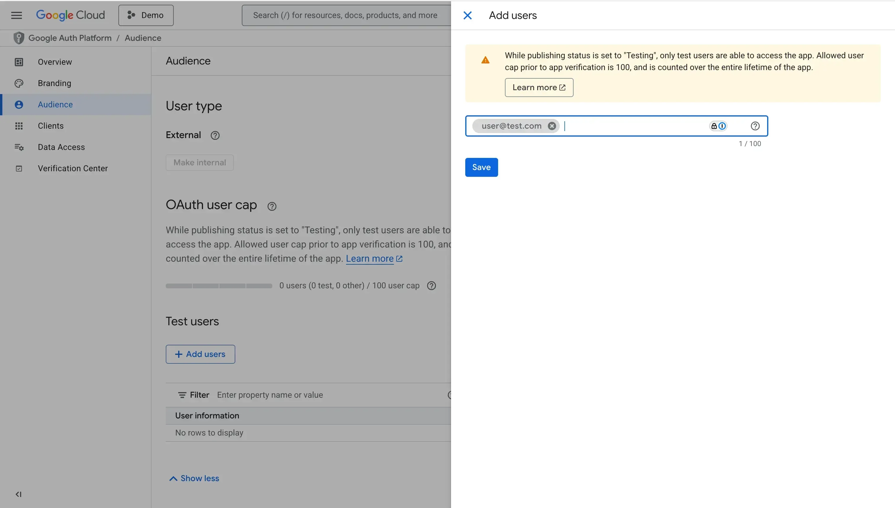 Add Test users by email