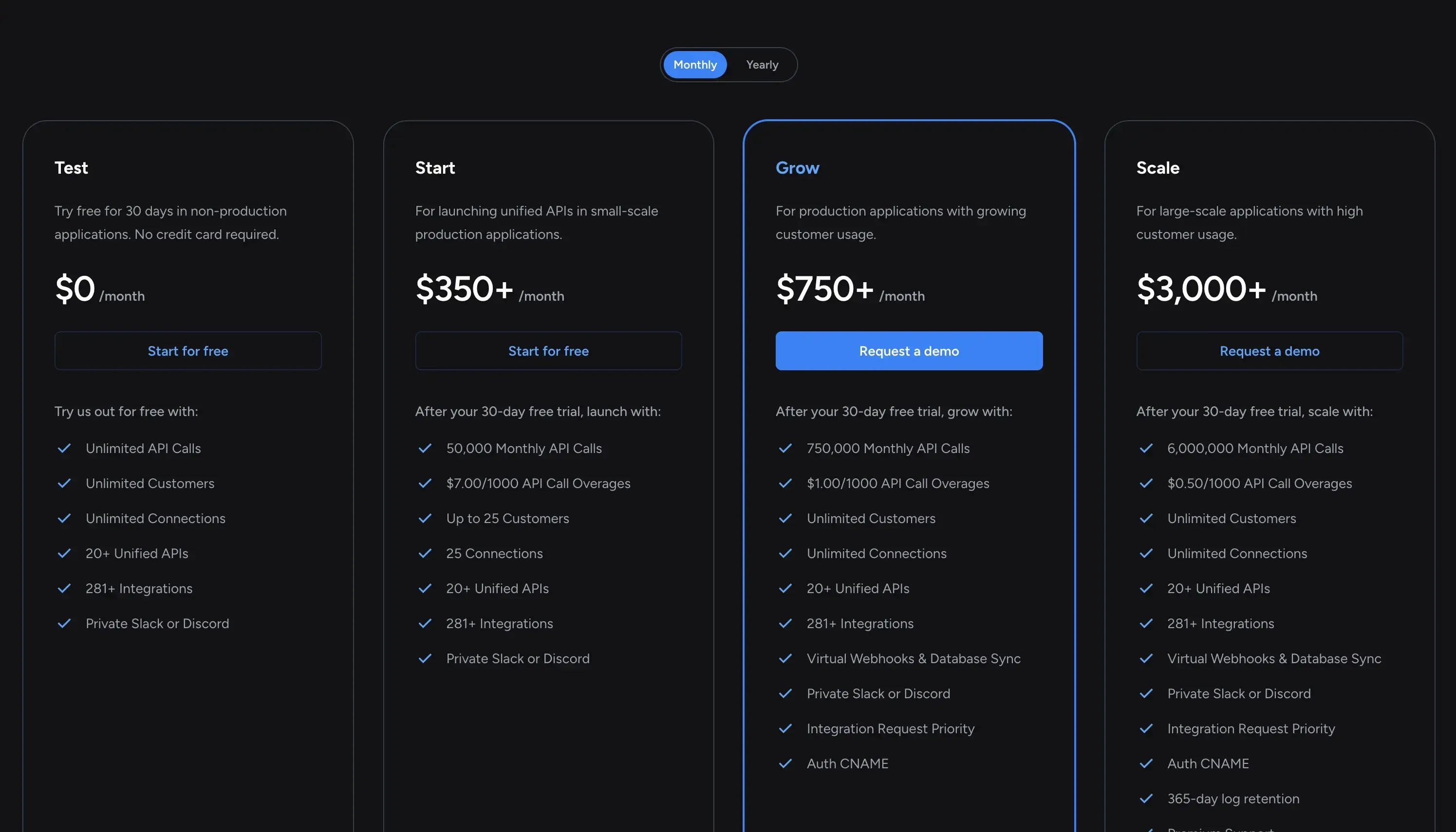 Unified.to Pricing Page Unified.to Pricing Page
