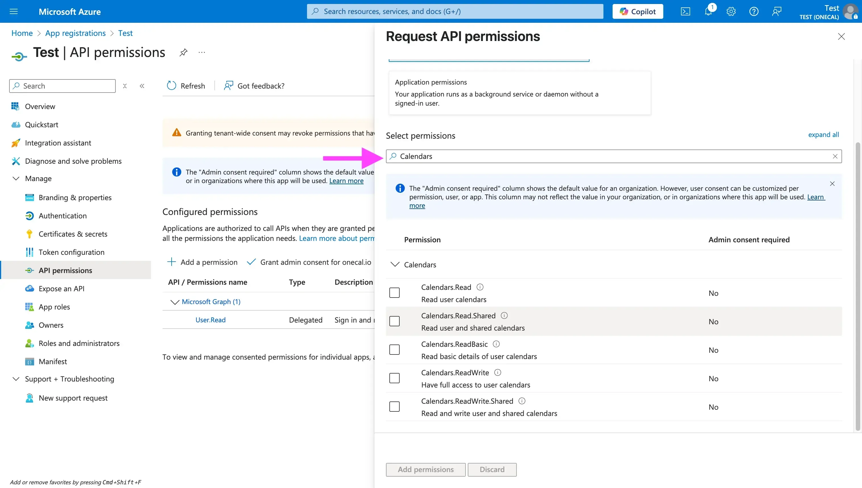 Search for _Calendars Permissions_