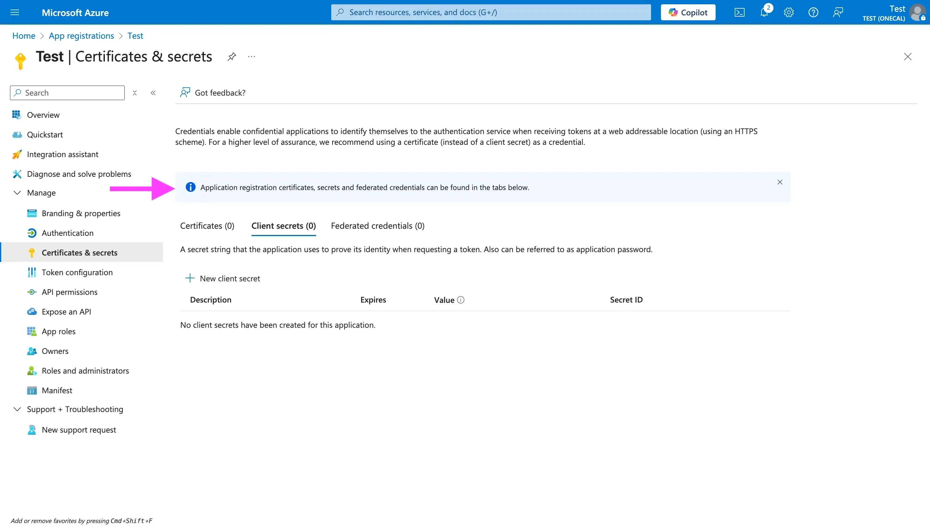 Click the “Certificates & secrets tab”