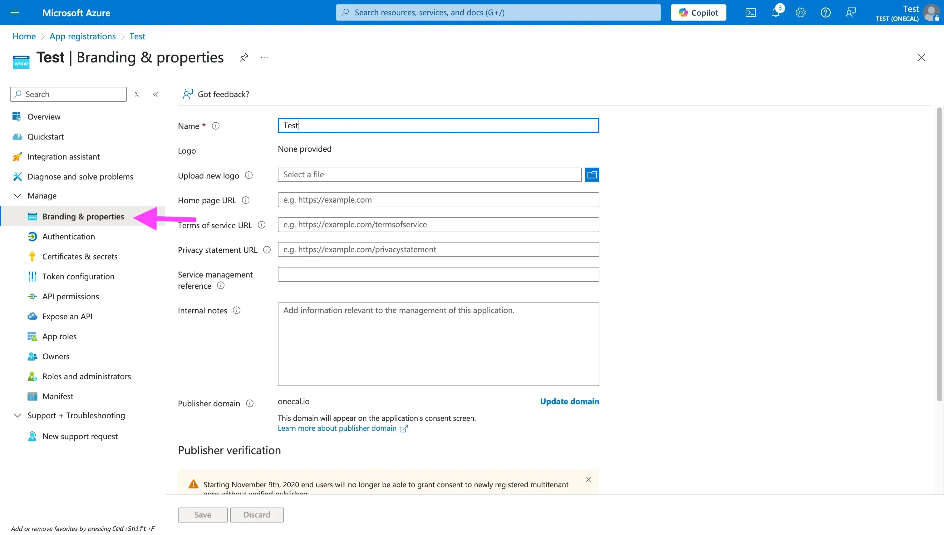 Branding & Properties screen