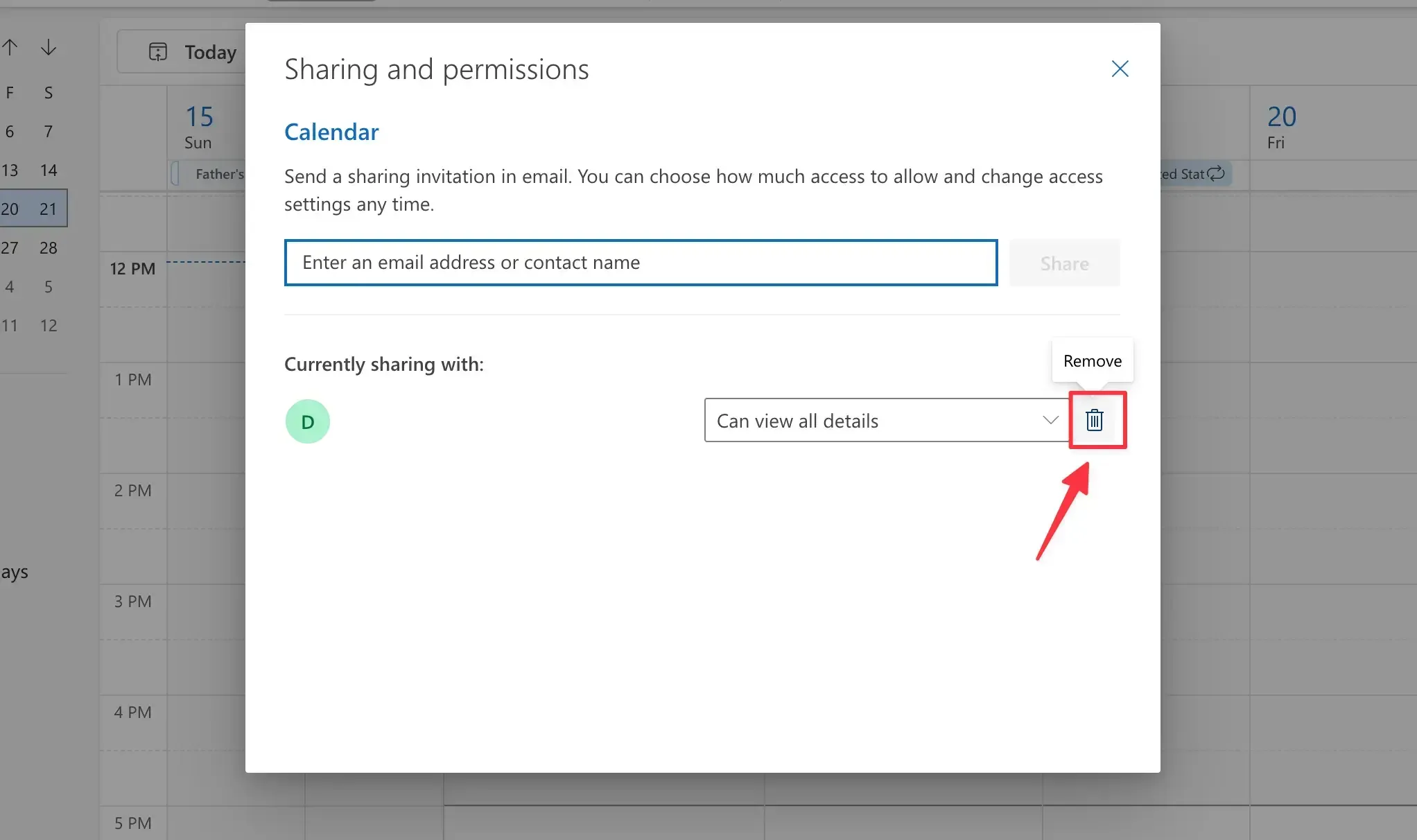 remove permission outlook calendar