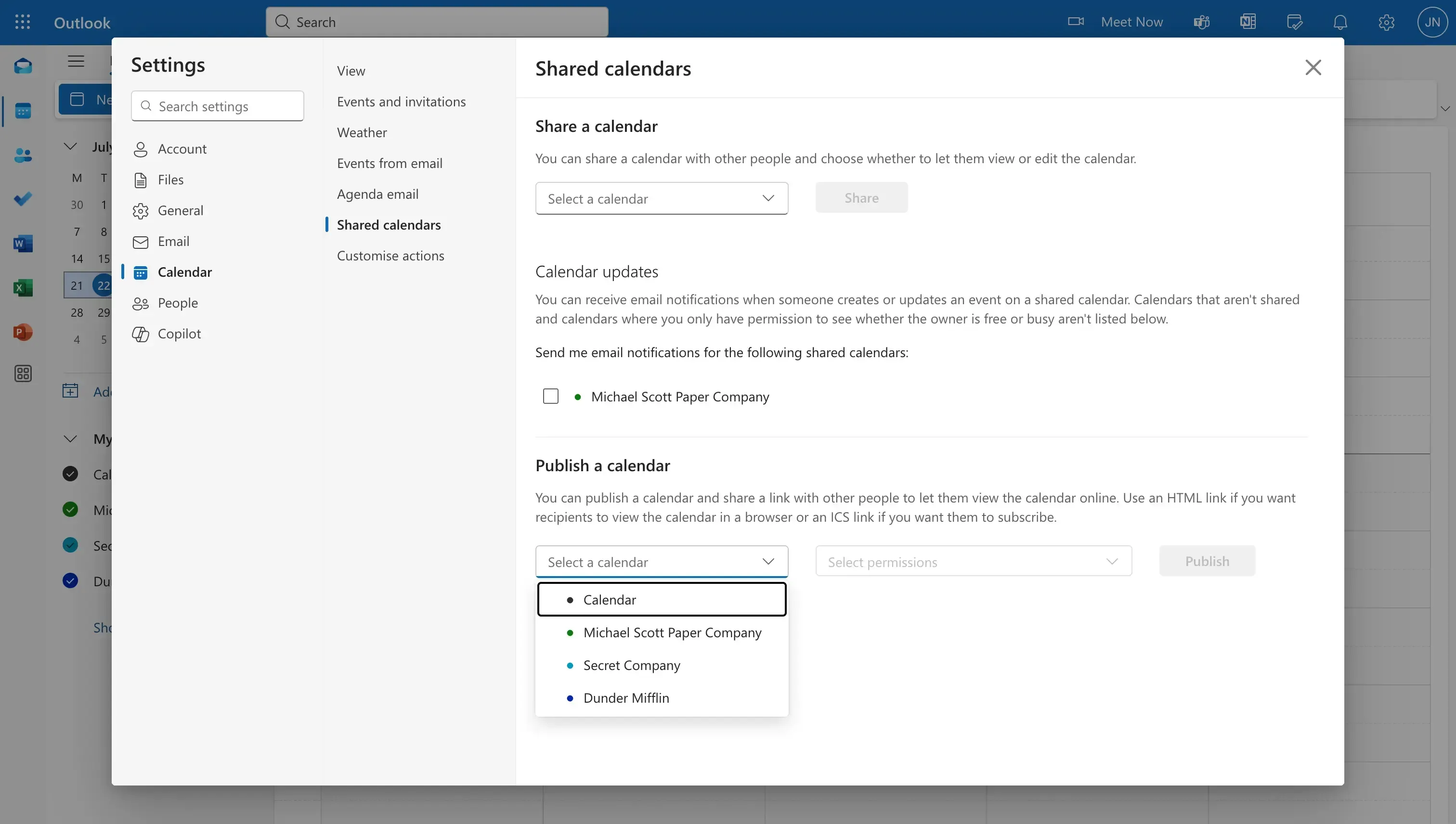 Outlook - Select the calendar to publish Outlook - Select the calendar to publish