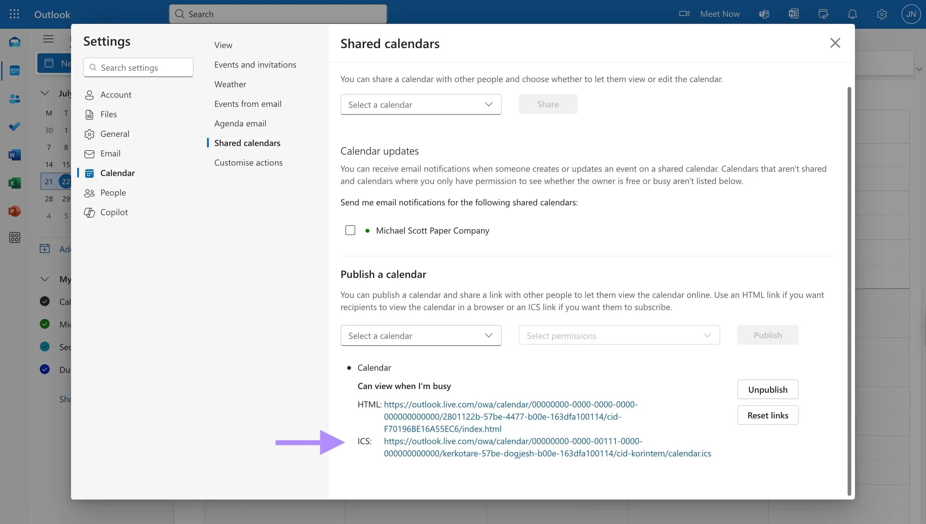 Outlook - Copy the .ics URL Outlook - Copy the .ics URL