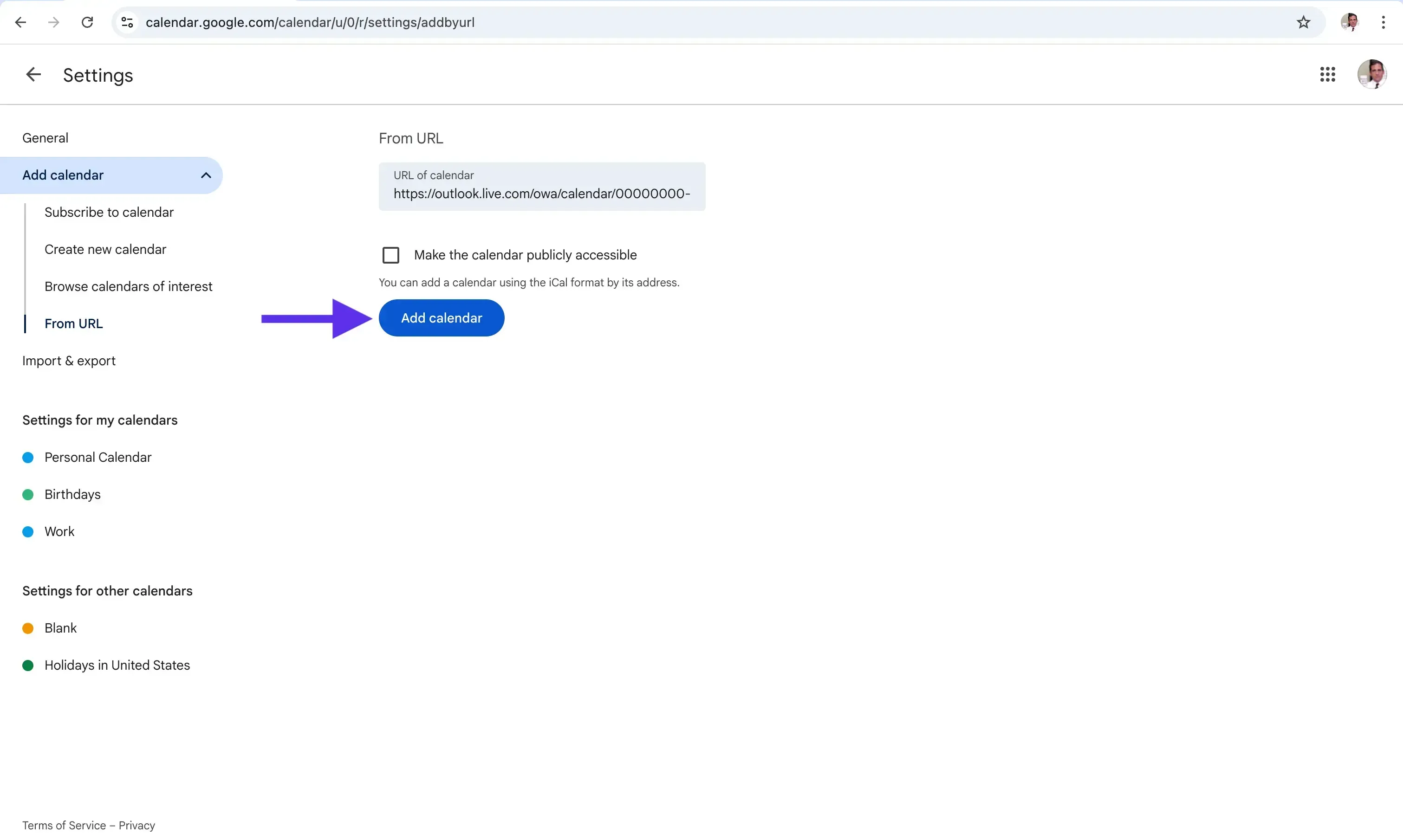 Click the add calendar button