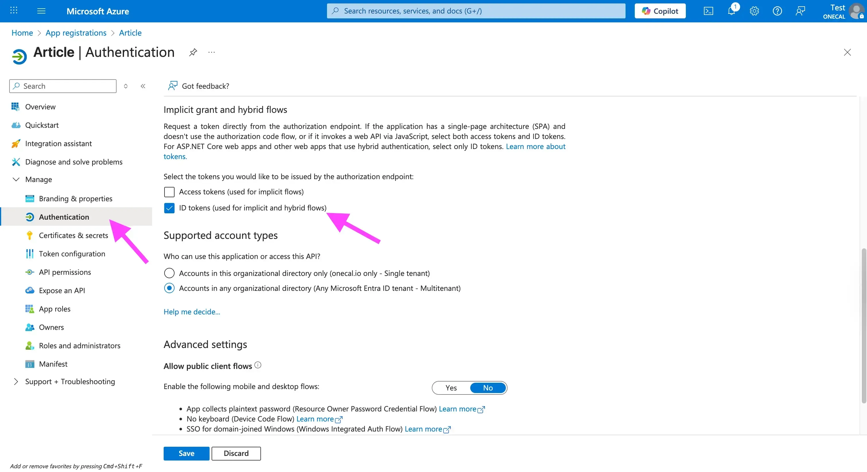 Enable ID Tokens option