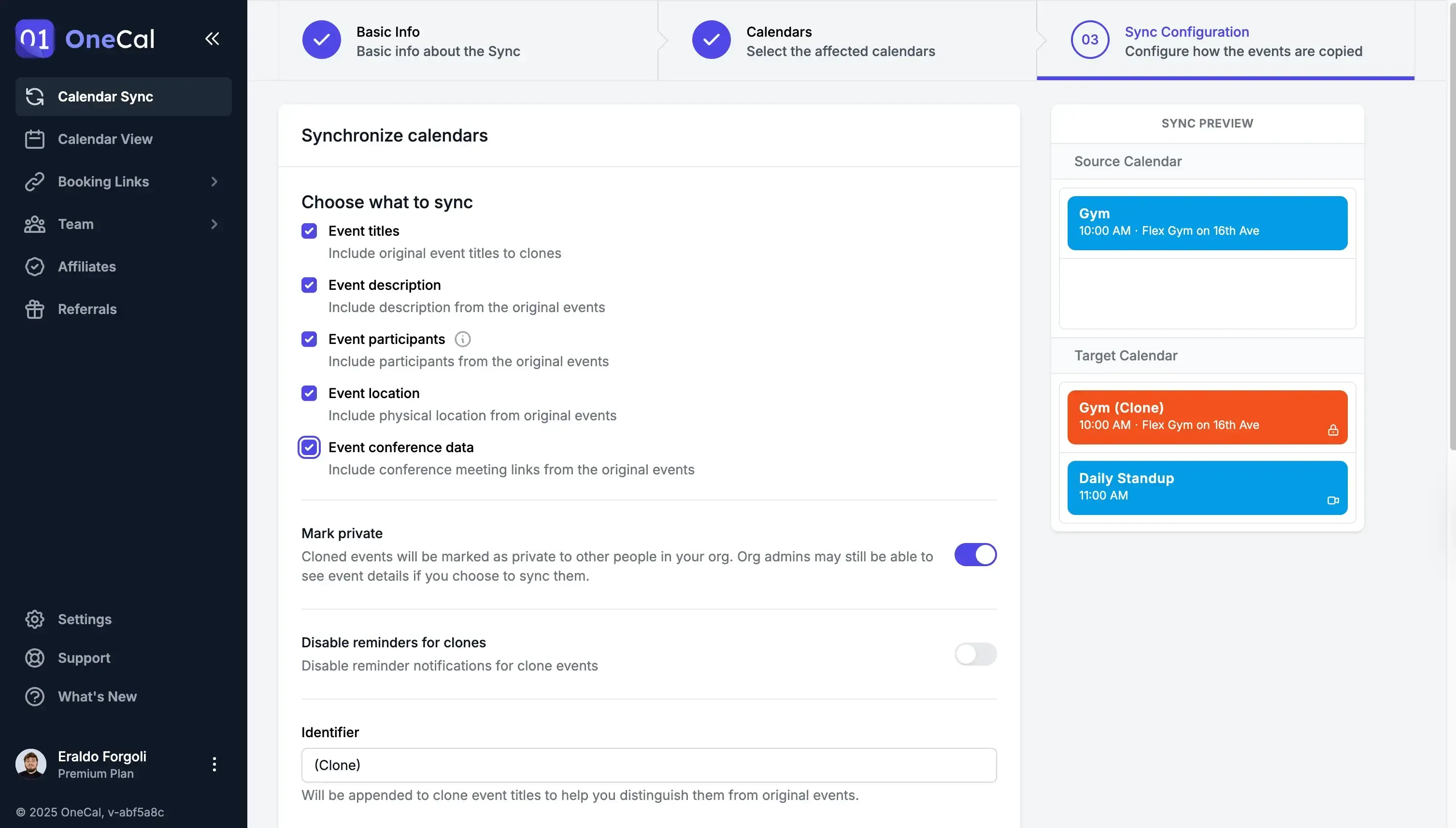 OneCal - select sync configuration options