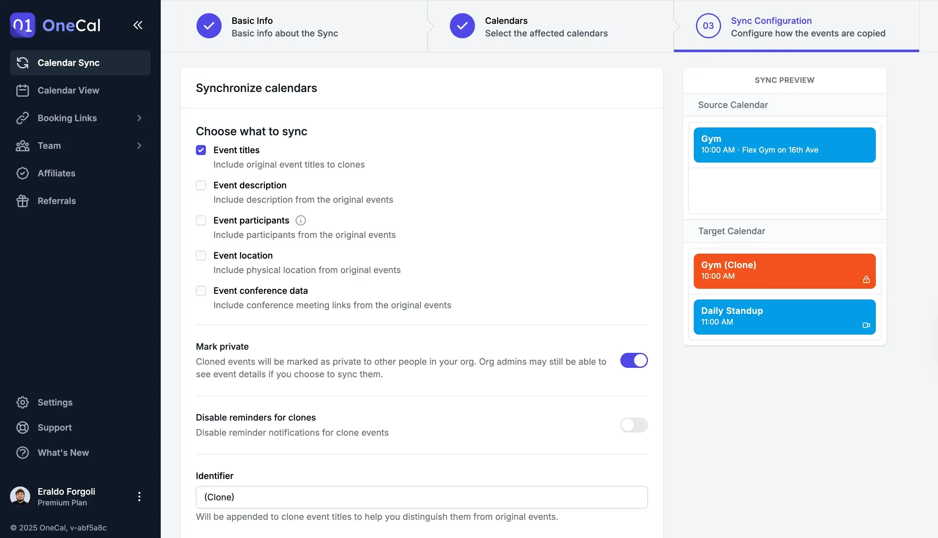 OneCal - Choose event properties to sync