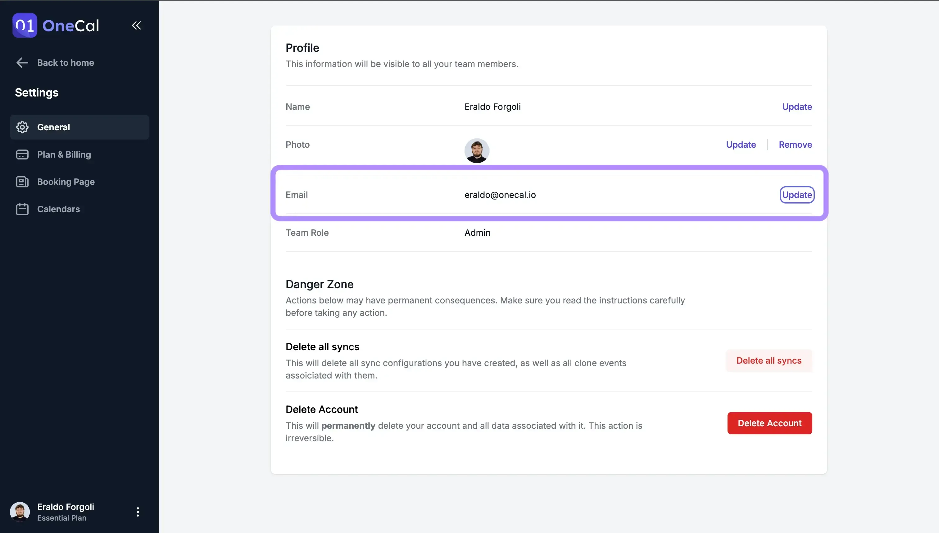 OneCal - Change Account Email OneCal - Change Account Email