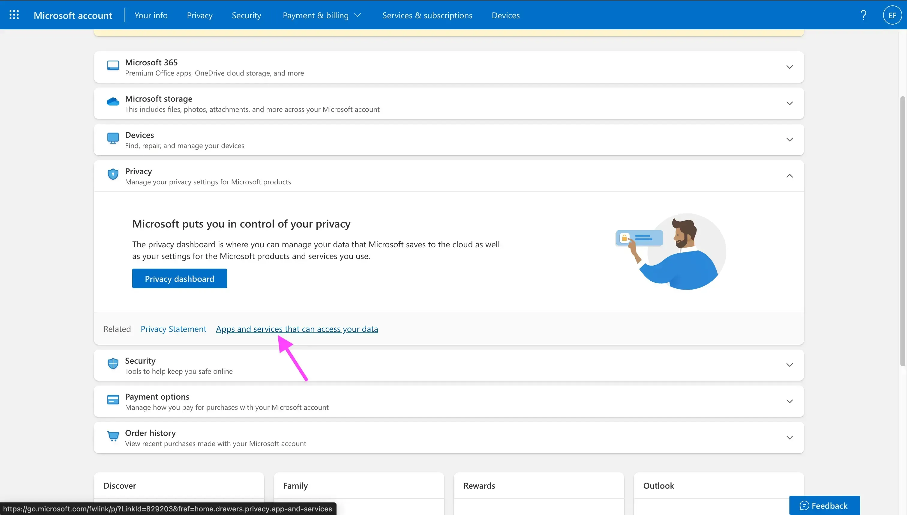 Microsoft - Click Apps and services that can access your data Microsoft - Click Apps and services that can access your data